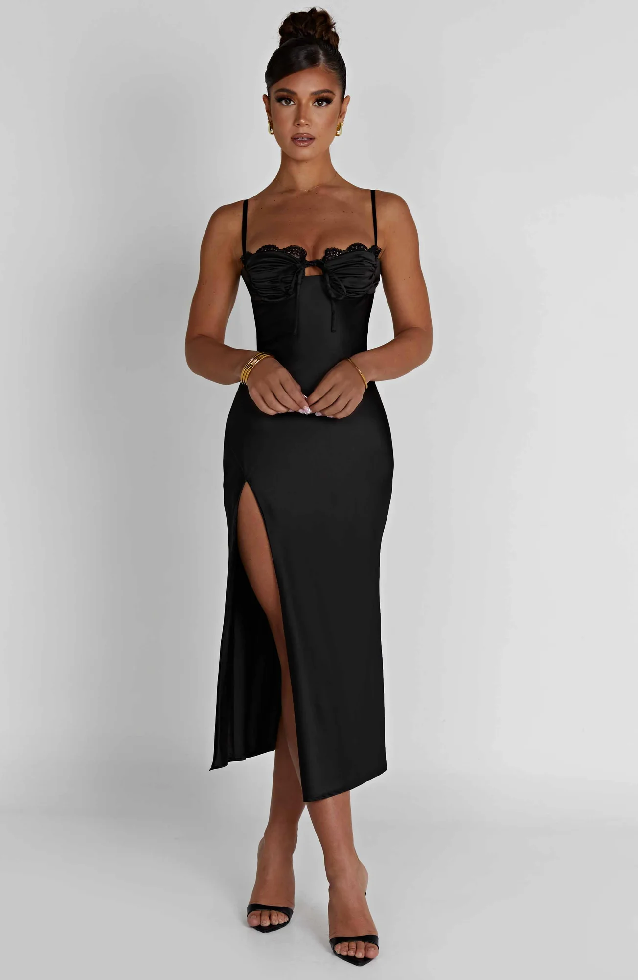 Black Bias Cut Satin Midi Dress with Lace Detail