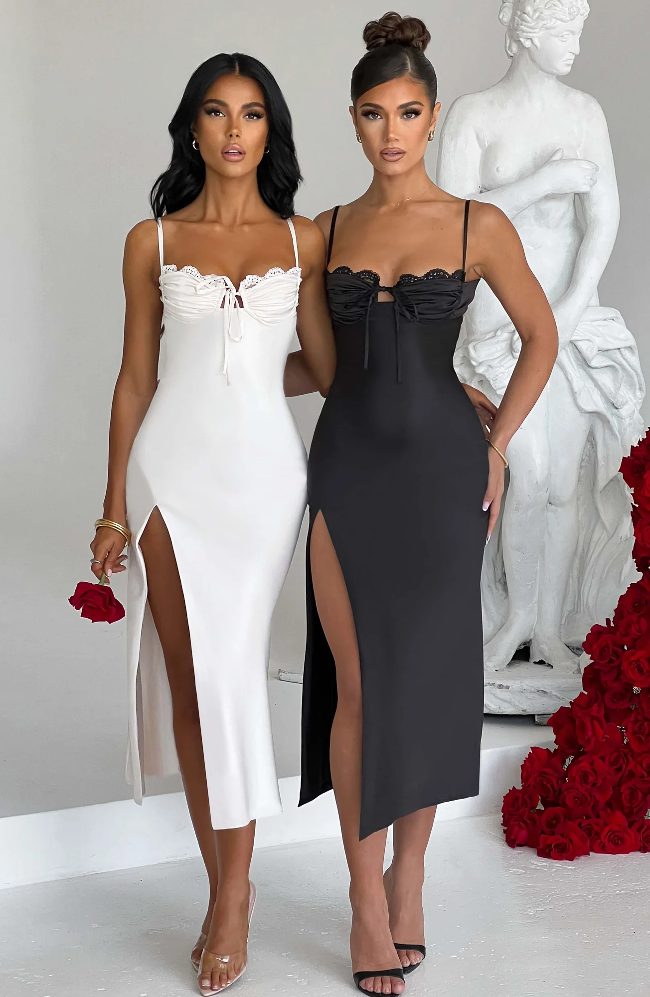 Black Bias Cut Satin Midi Dress with Lace Detail