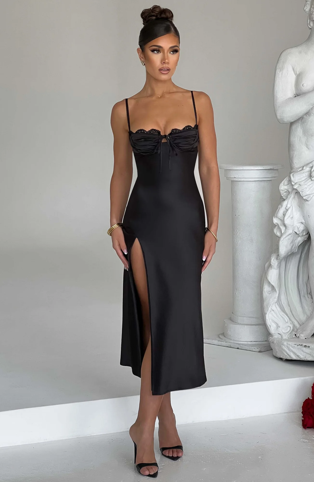 Black Bias Cut Satin Midi Dress with Lace Detail