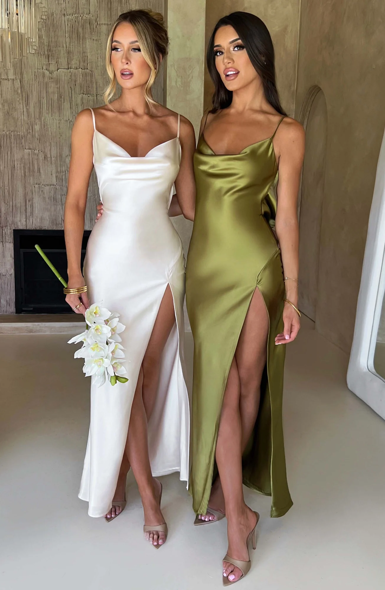 Ivory Satin Maxi Dress with Cowl Neck and Thigh Split