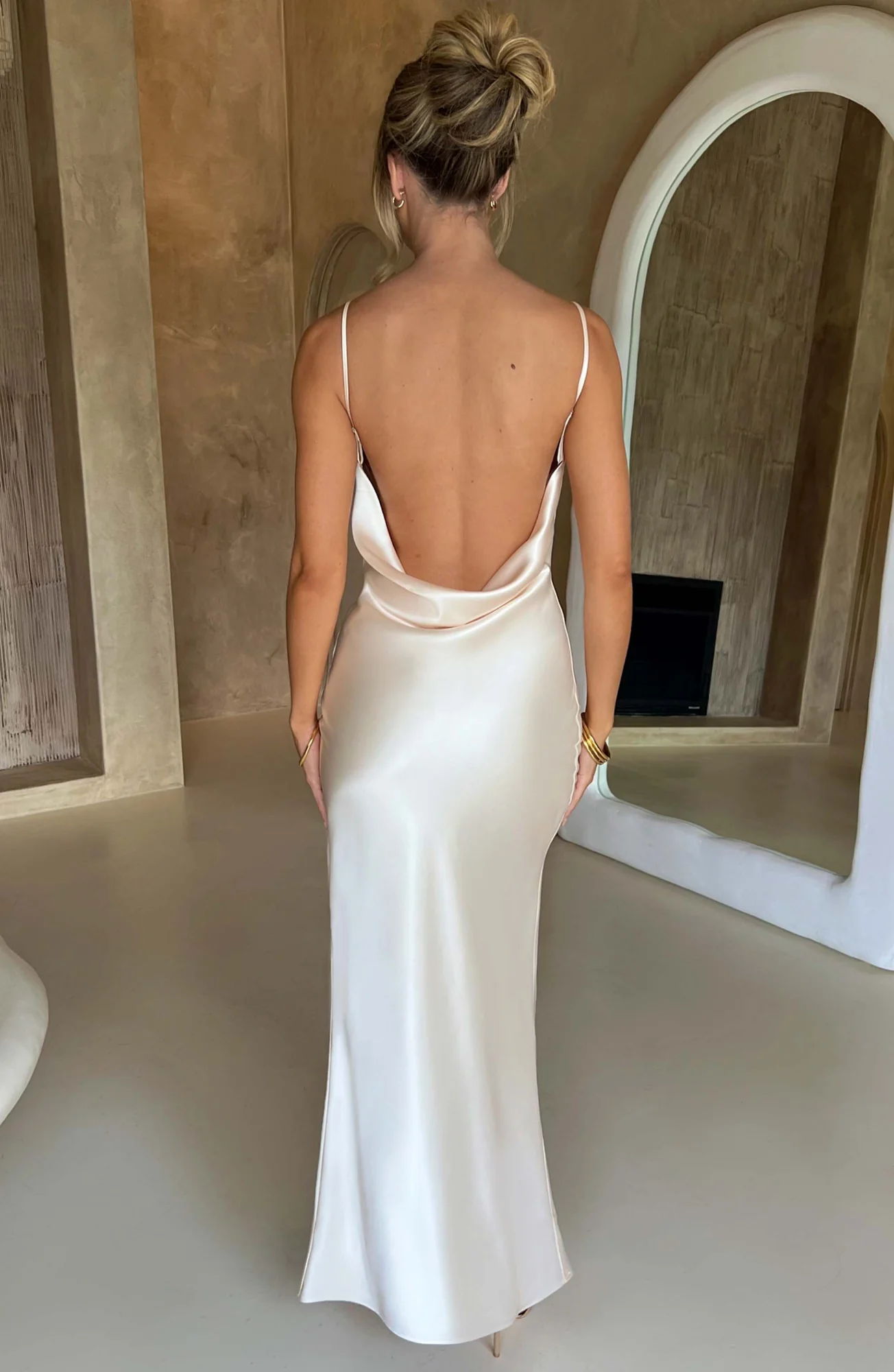Ivory Satin Maxi Dress with Cowl Neck and Thigh Split