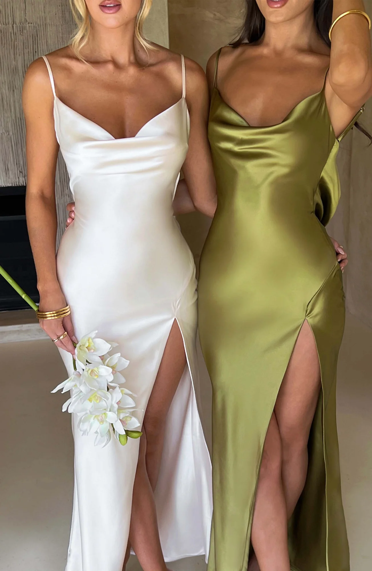 Ivory Satin Maxi Dress with Cowl Neck and Thigh Split