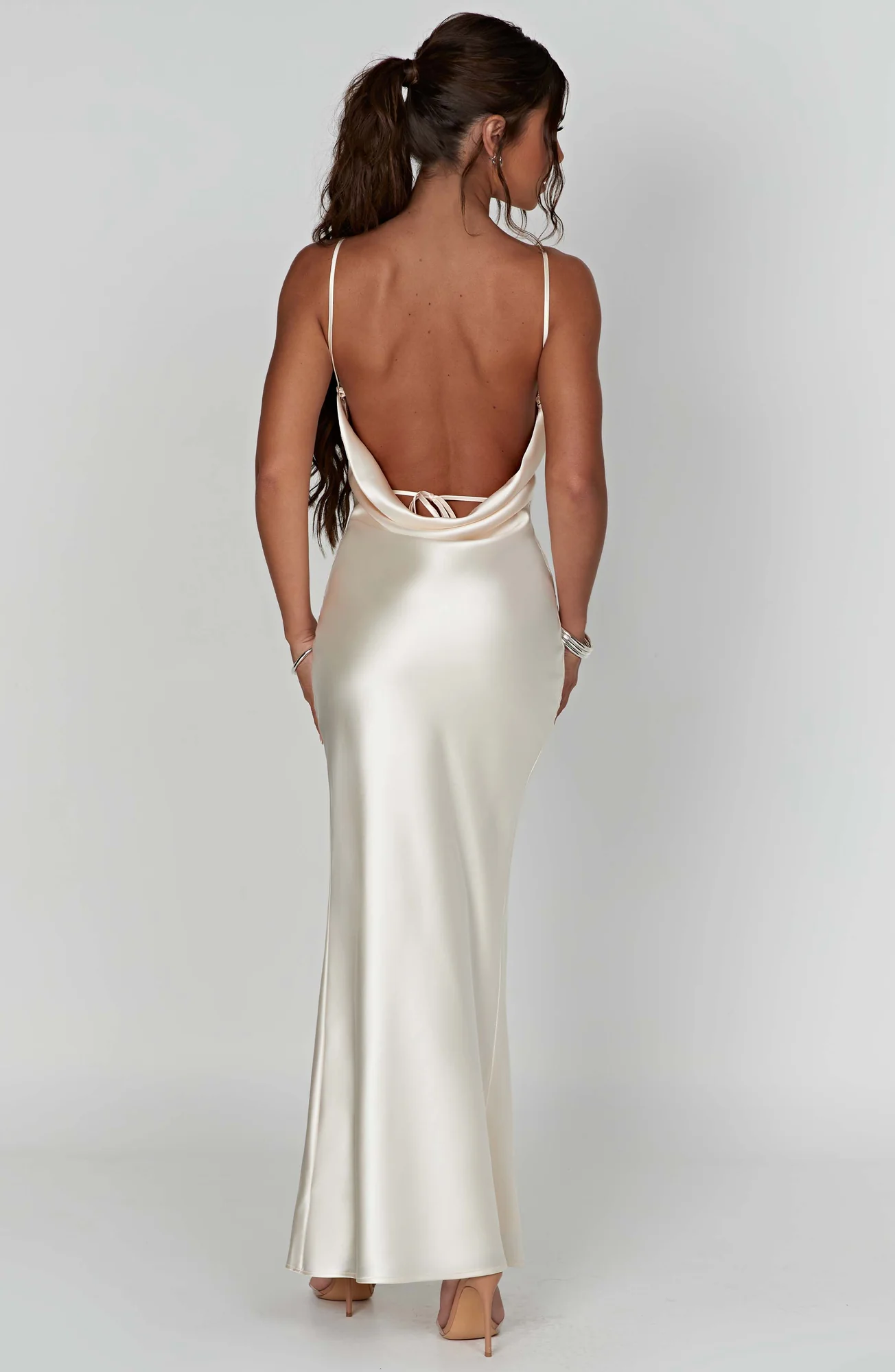 Ivory Satin Maxi Dress with Cowl Neck and Thigh Split