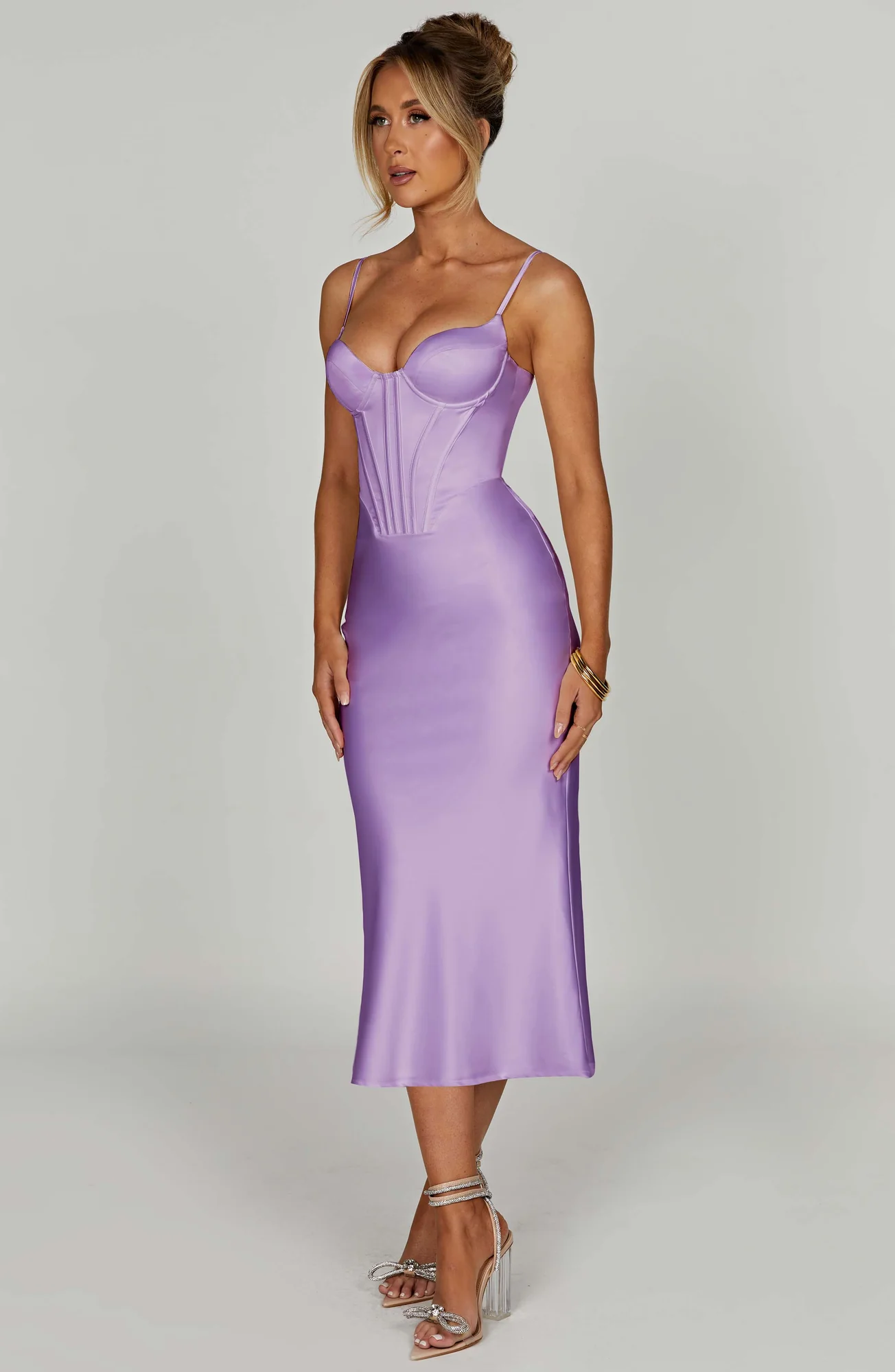Purple Satin Corset Body Midi Dress | Premium Bias Cut