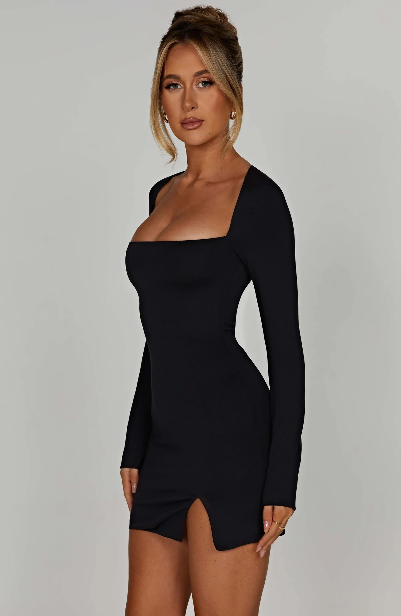 Black Square Neck Long Sleeve Mini Dress