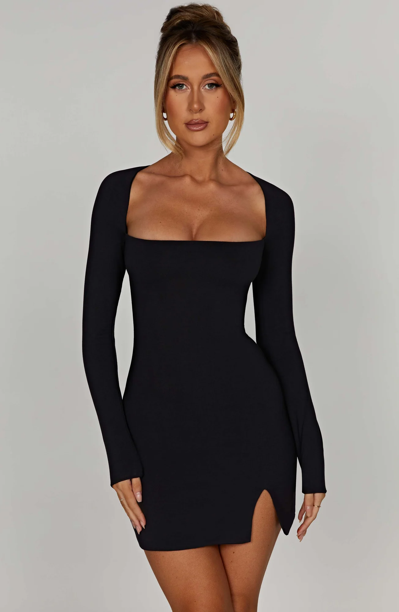 Black Square Neck Long Sleeve Mini Dress