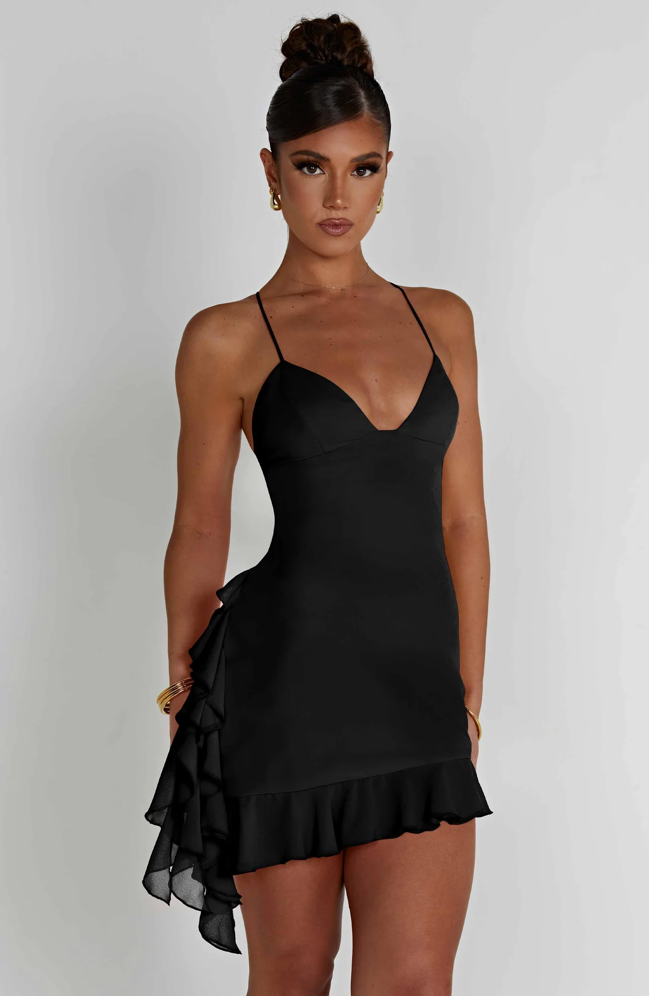 Georgette Satin Ruffled Mini Dress - Elegant Black Design
