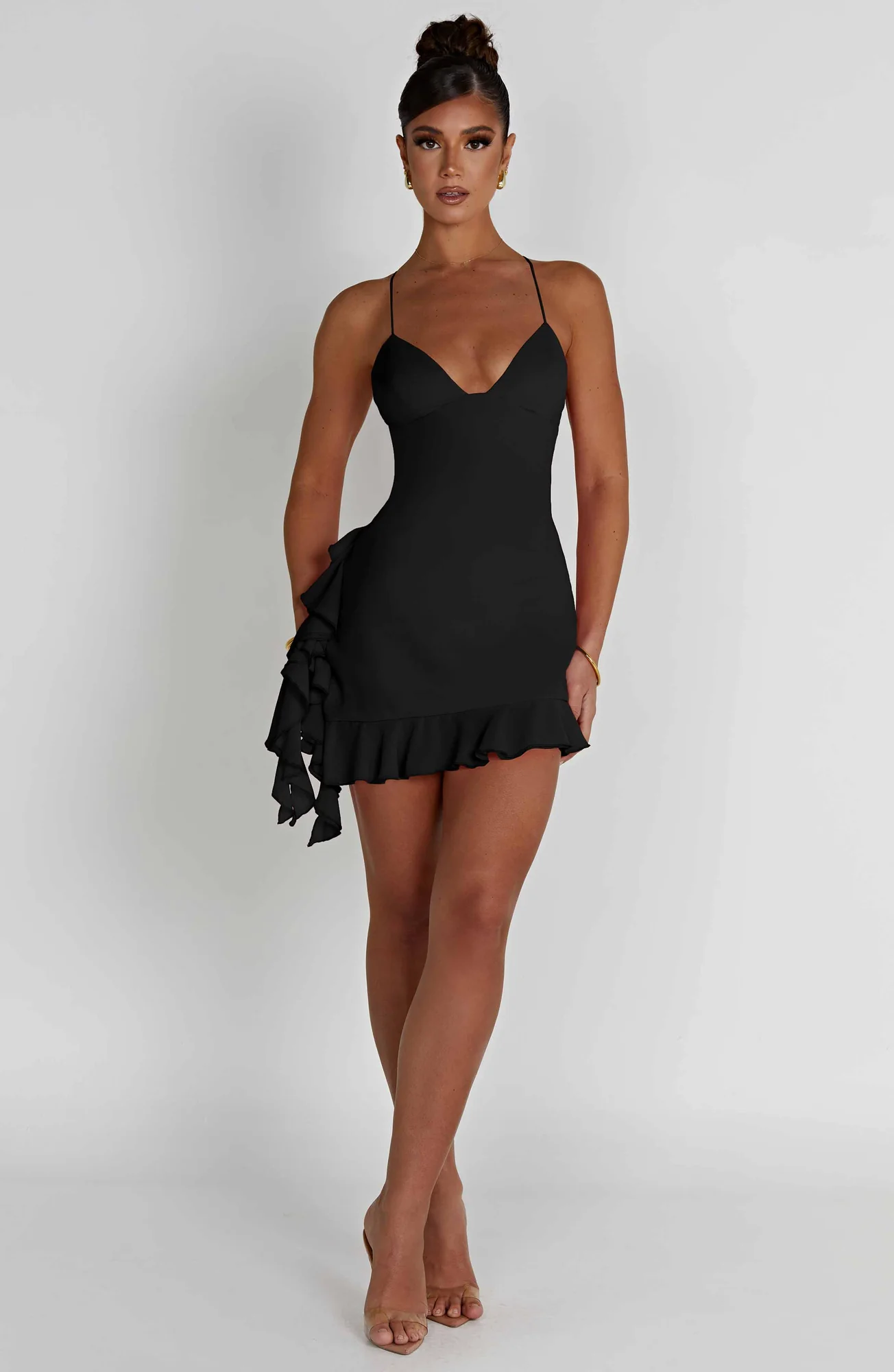 Georgette Satin Ruffled Mini Dress - Elegant Black Design