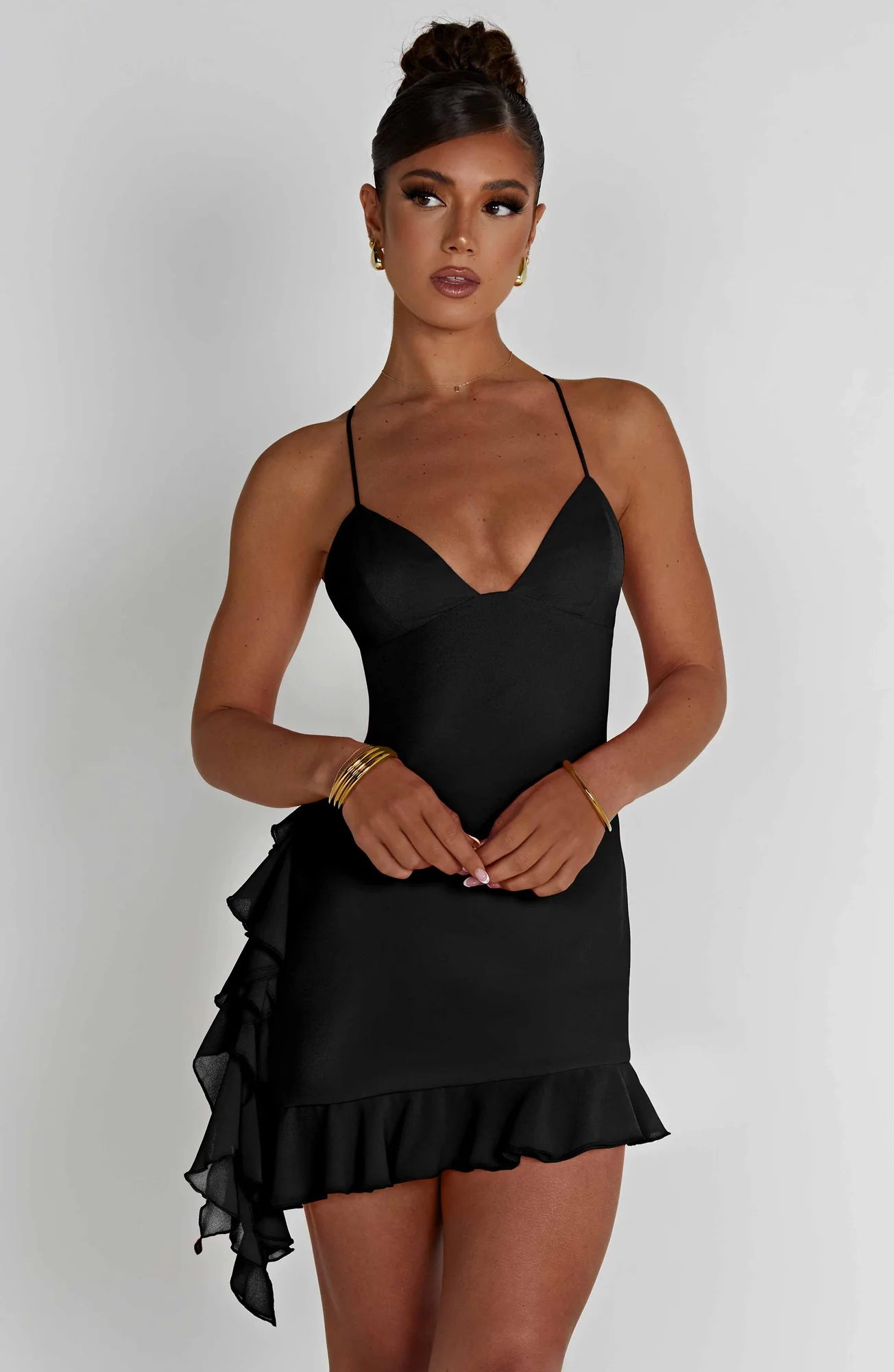 Georgette Satin Ruffled Mini Dress - Elegant Black Design