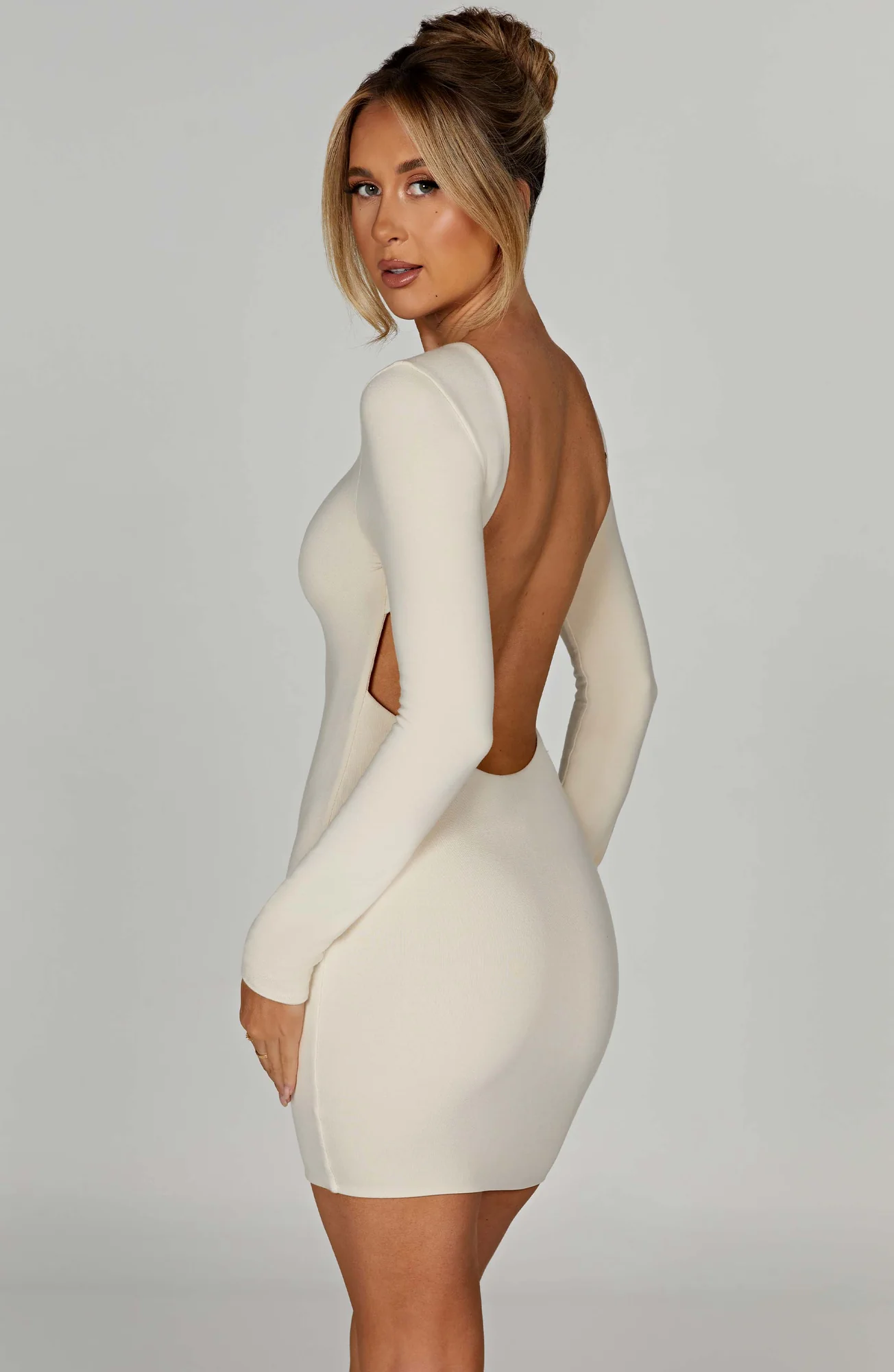 Cream Mini Dress with Scoop Back & Long Sleeves