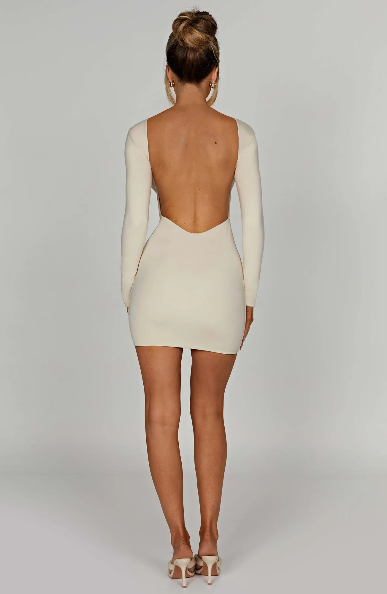 Cream Mini Dress with Scoop Back & Long Sleeves