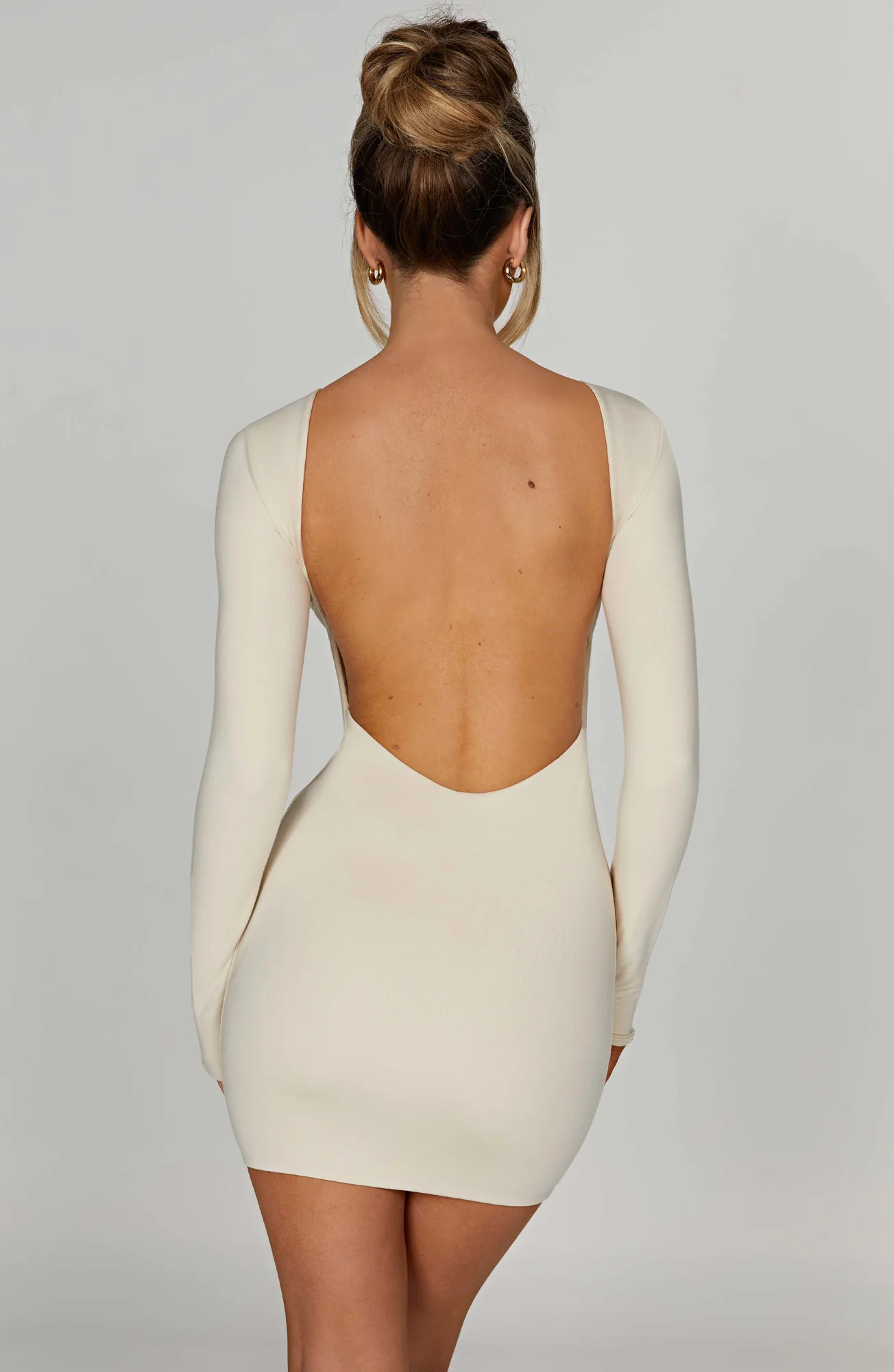 Cream Mini Dress with Scoop Back & Long Sleeves