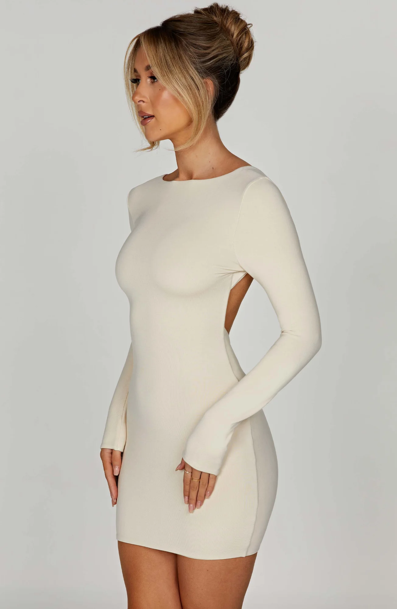 Cream Mini Dress with Scoop Back & Long Sleeves
