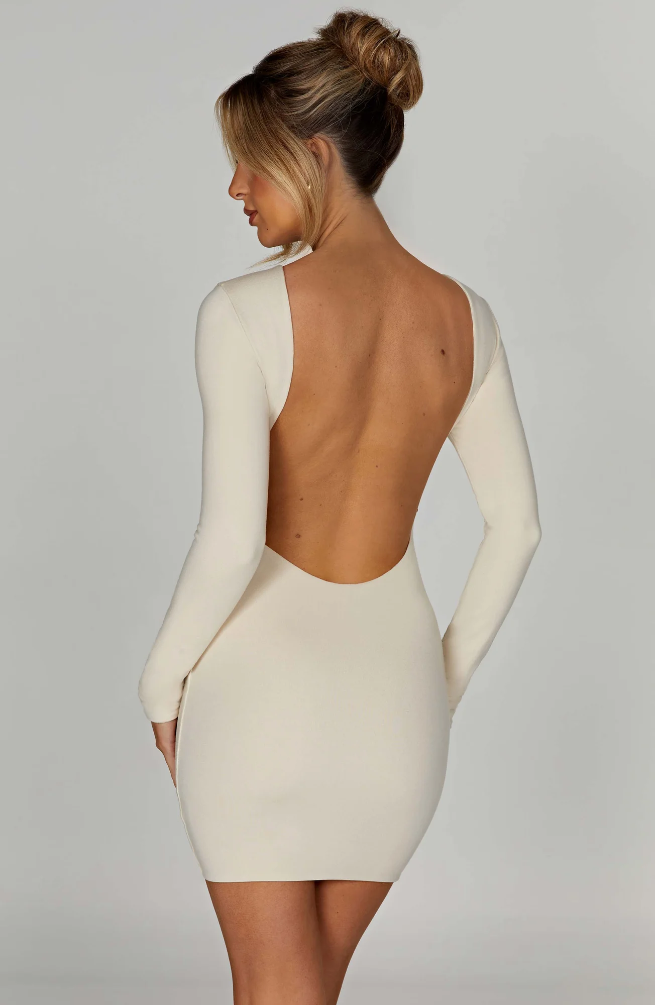 Cream Mini Dress with Scoop Back & Long Sleeves
