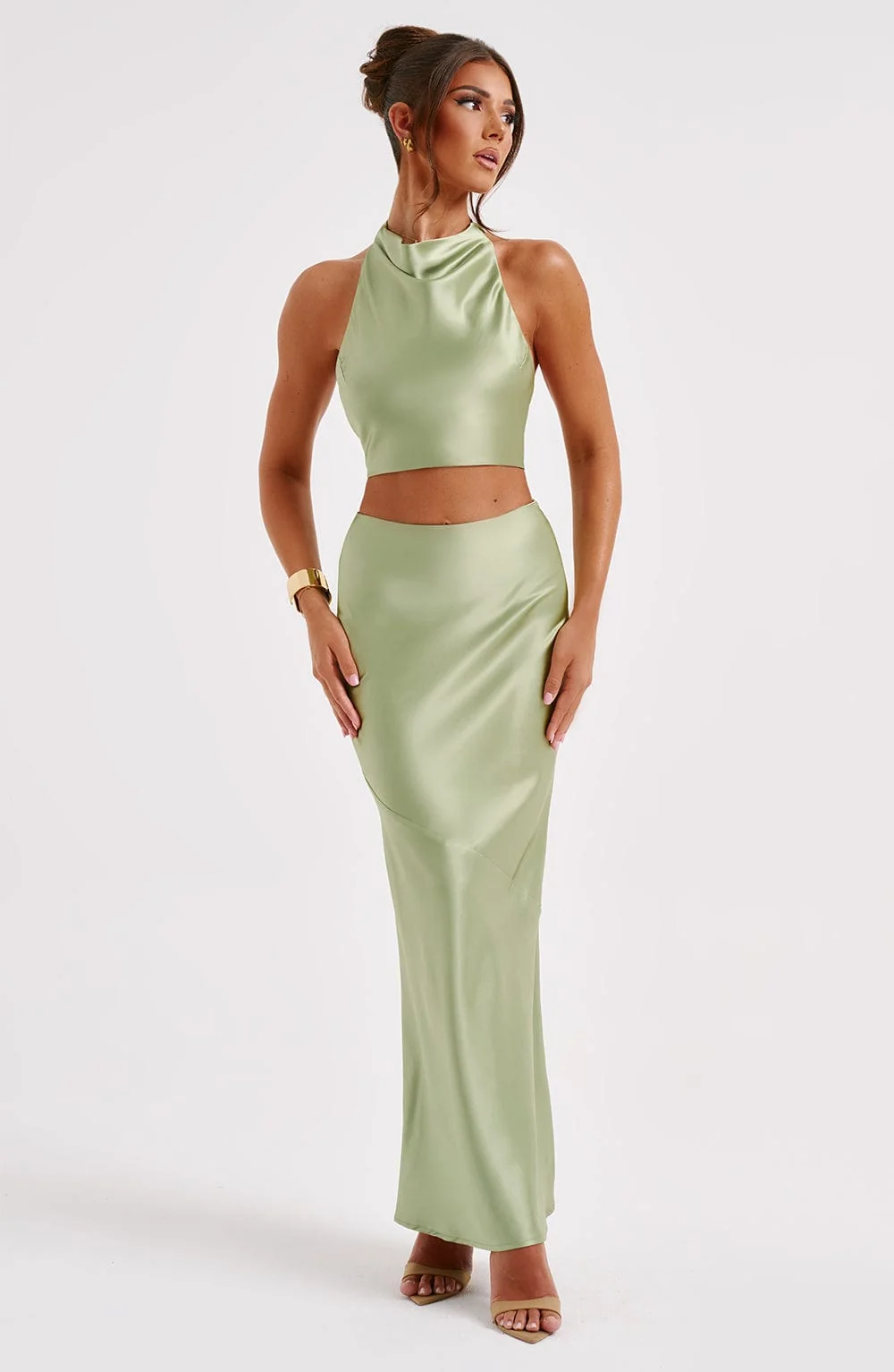 Fluid Draped Satin Top - Elegant Khaki Tone