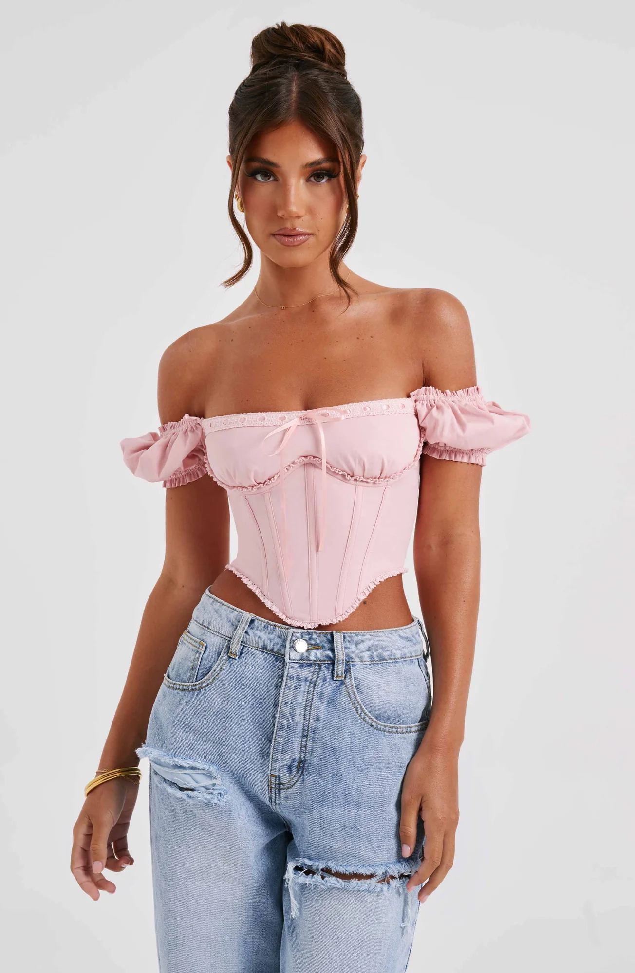 Blush Cotton Puffed Sleeve Corset Top - Waist Cinching XS-XXL