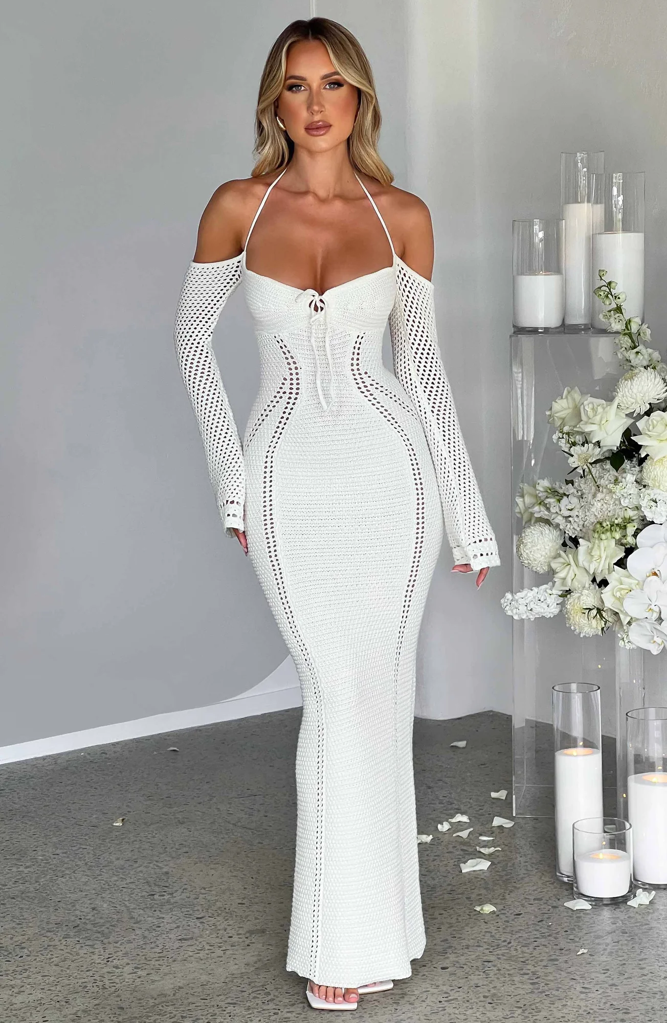 White Crochet Knit Off-Shoulder Maxi Dress