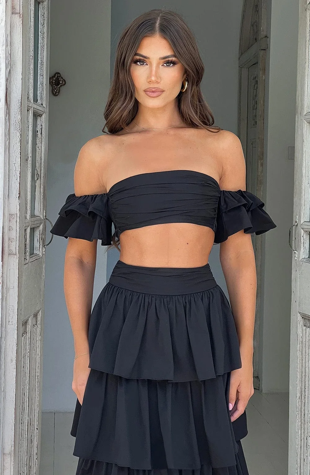 Feminine Black Off-Shoulder Ruffle Sleeve Crop Top in Premium Cotton