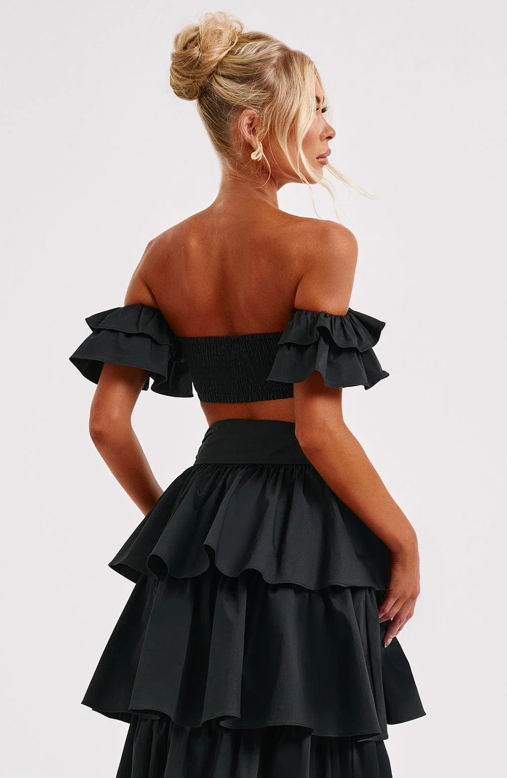 Feminine Black Off-Shoulder Ruffle Sleeve Crop Top in Premium Cotton