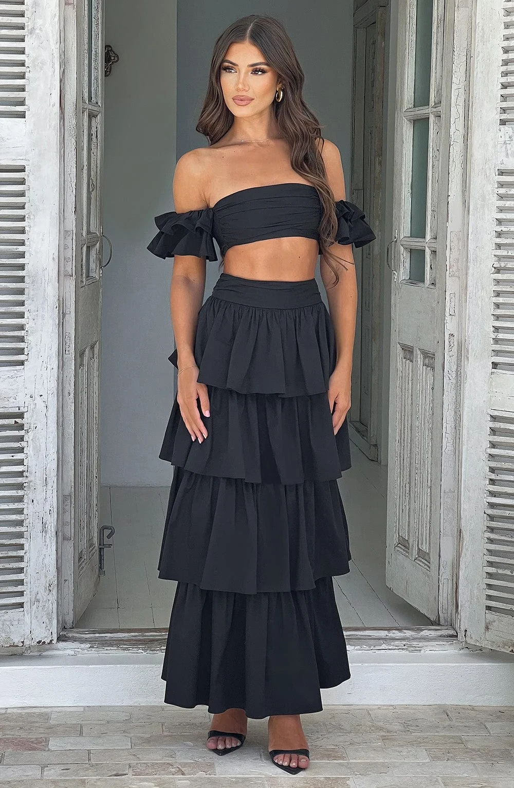 Feminine Black Off-Shoulder Ruffle Sleeve Crop Top in Premium Cotton