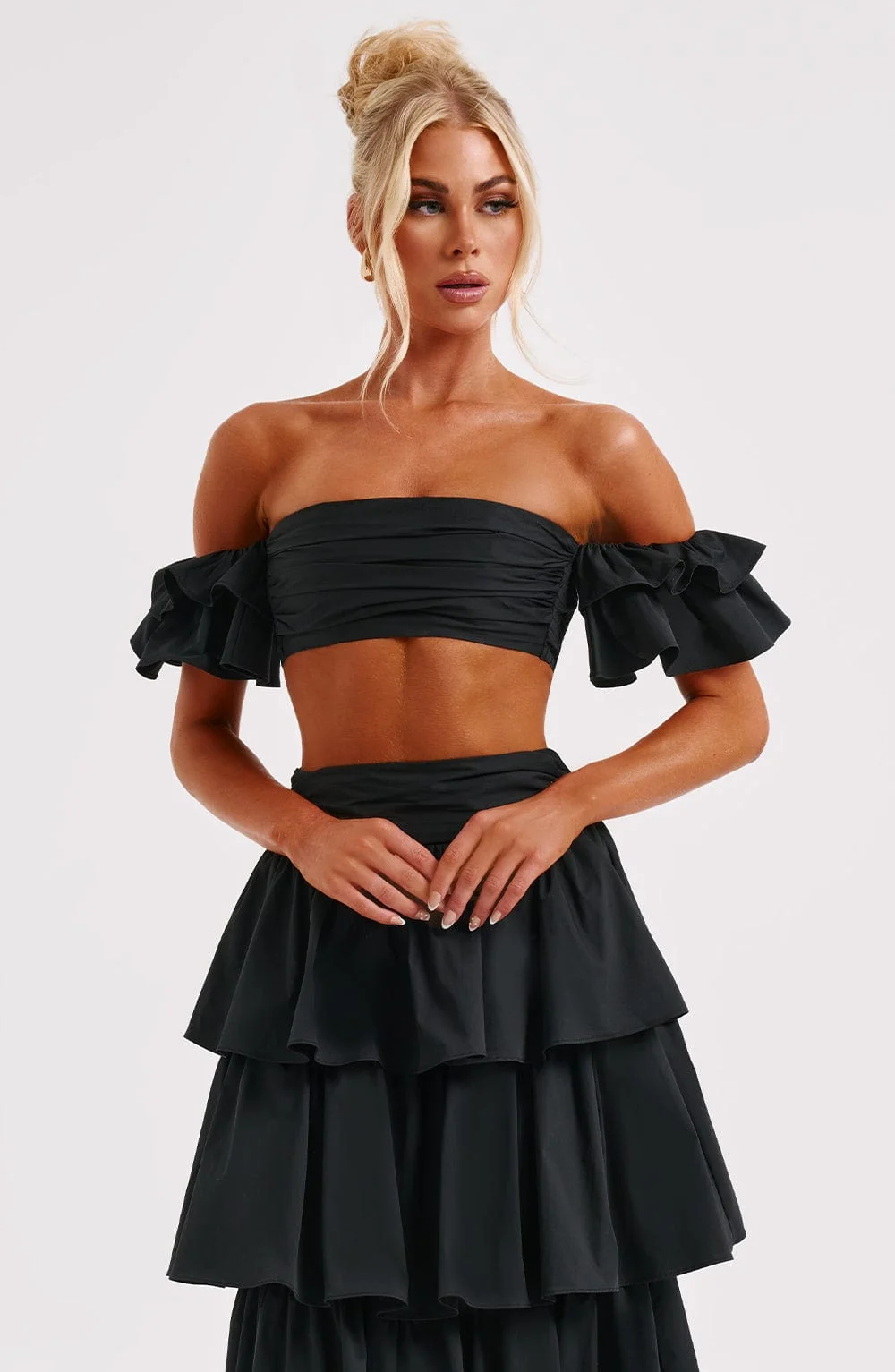Feminine Black Off-Shoulder Ruffle Sleeve Crop Top in Premium Cotton
