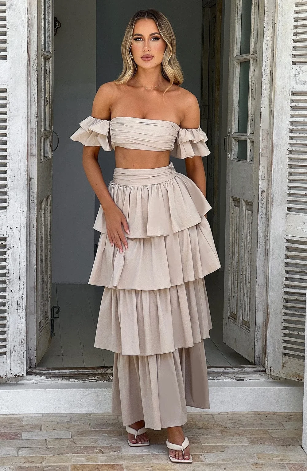 Feminine Off-Shoulder Beige Cotton Crop Top