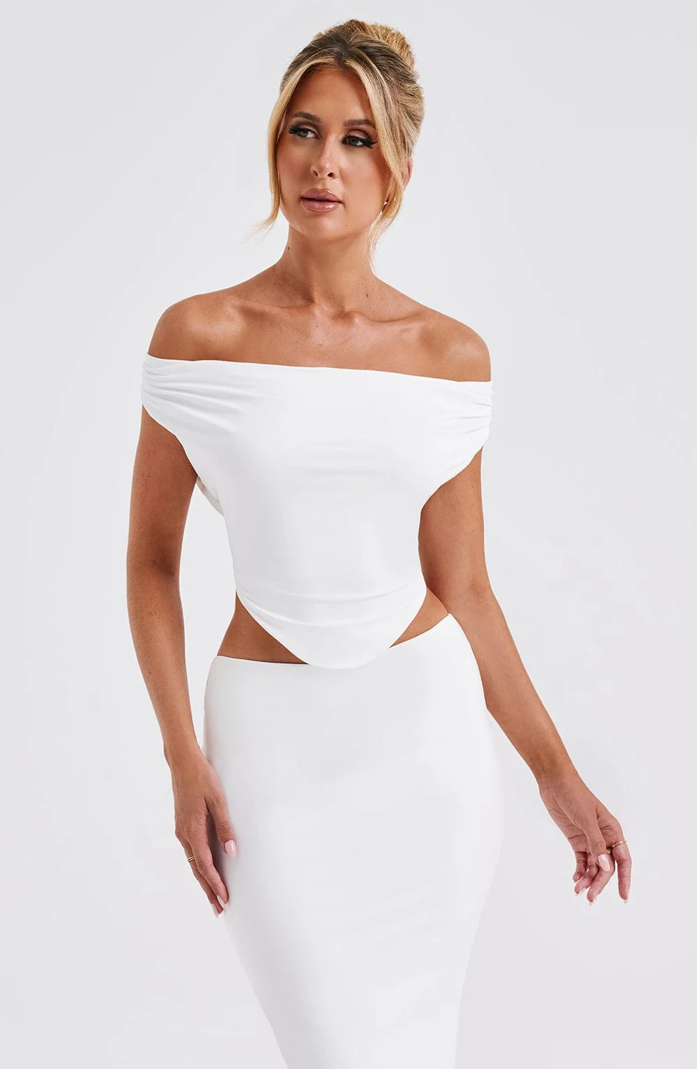 White Slinky Cowl Neck Crop Top - Elegant Style