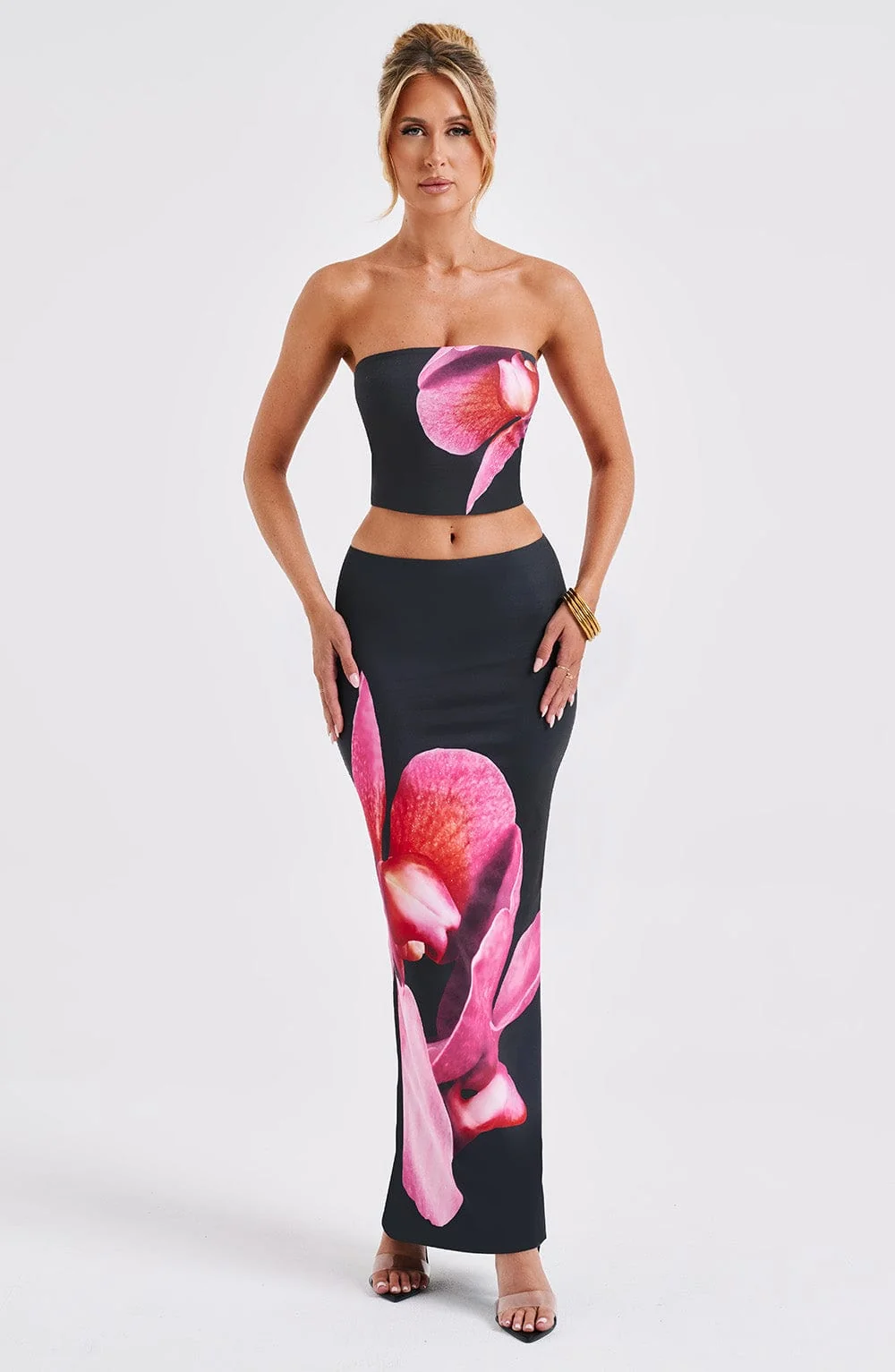 Elegant Black Floral Print Strapless Top - Allegra Style