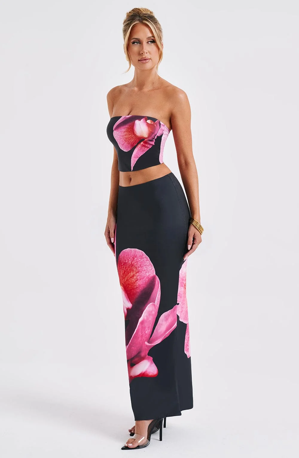 Elegant Black Floral Print Strapless Top - Allegra Style
