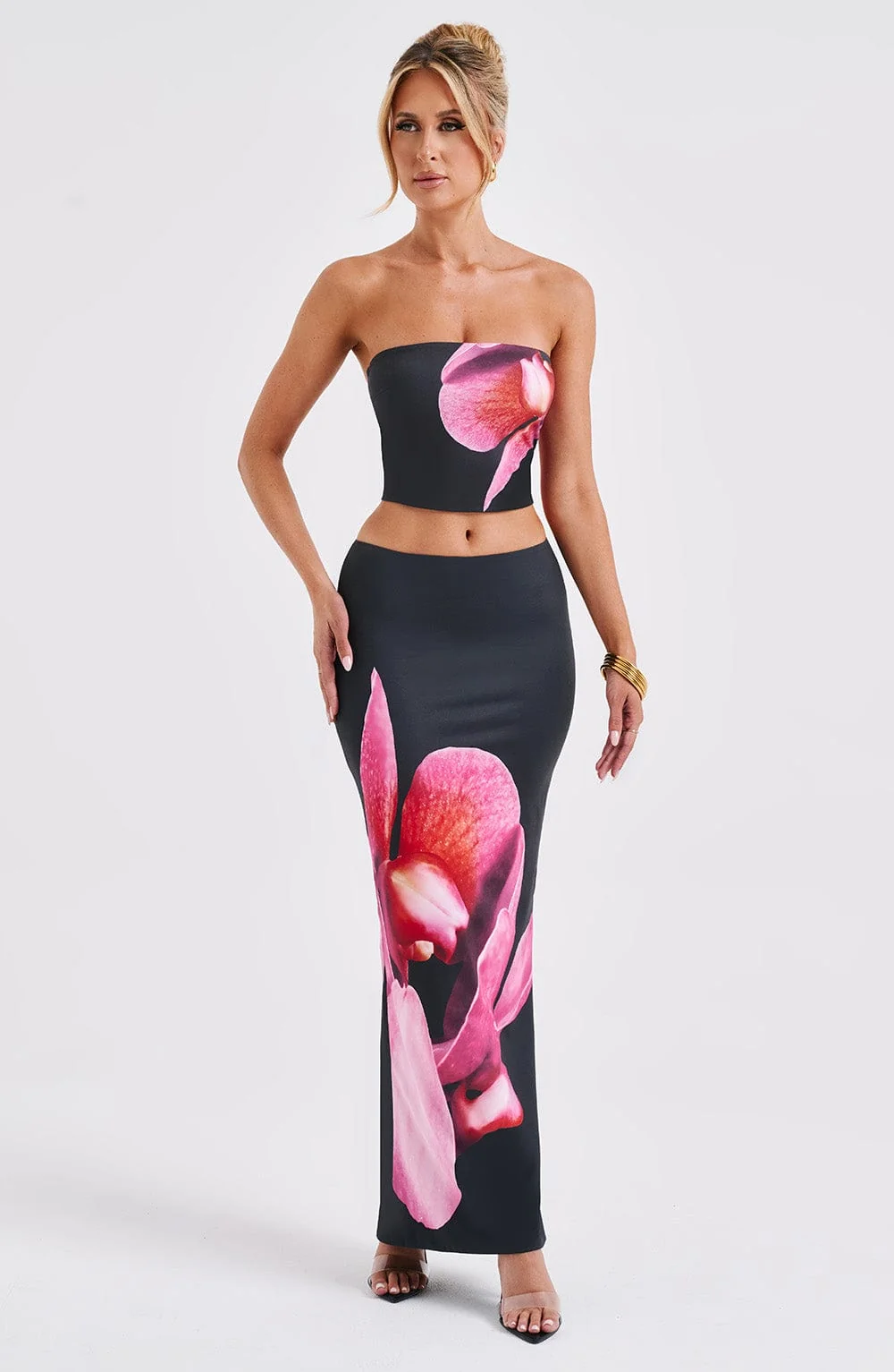Elegant Black Floral Print Strapless Top - Allegra Style