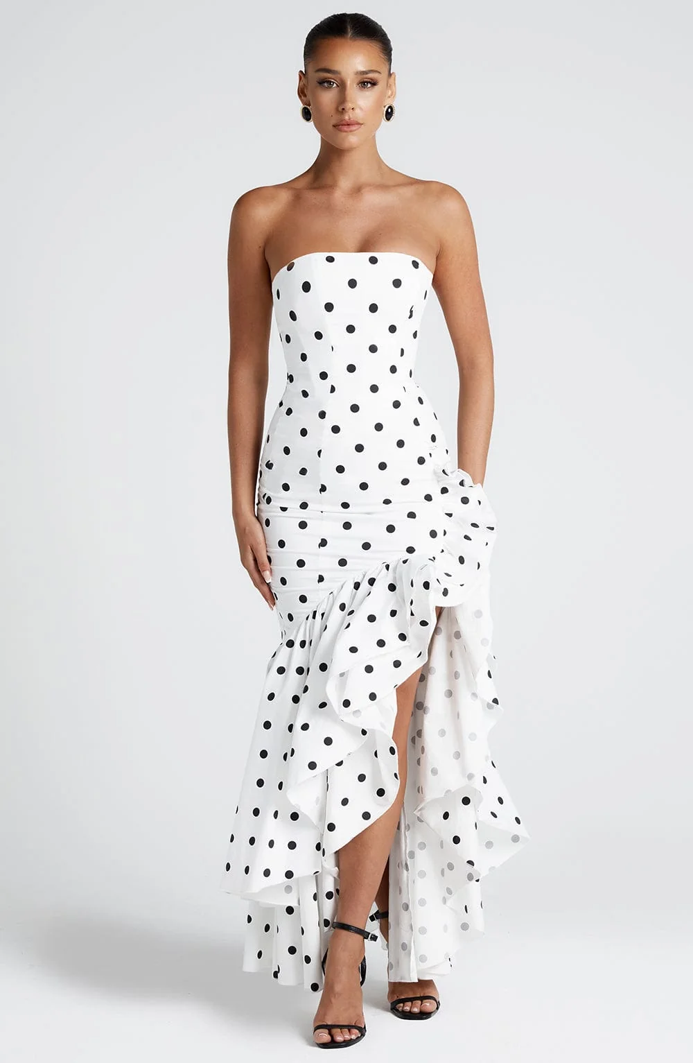 Elegant Black Polka Dot Maxi Dress - Strapless Statement Piece