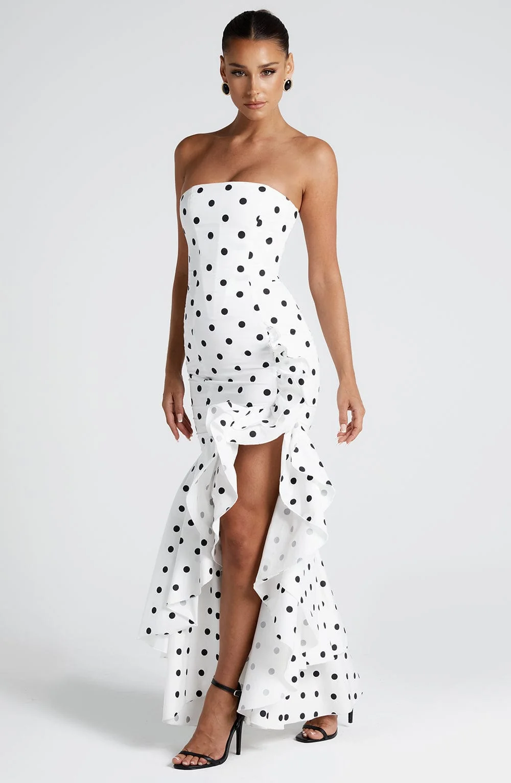 Elegant Black Polka Dot Maxi Dress - Strapless Statement Piece