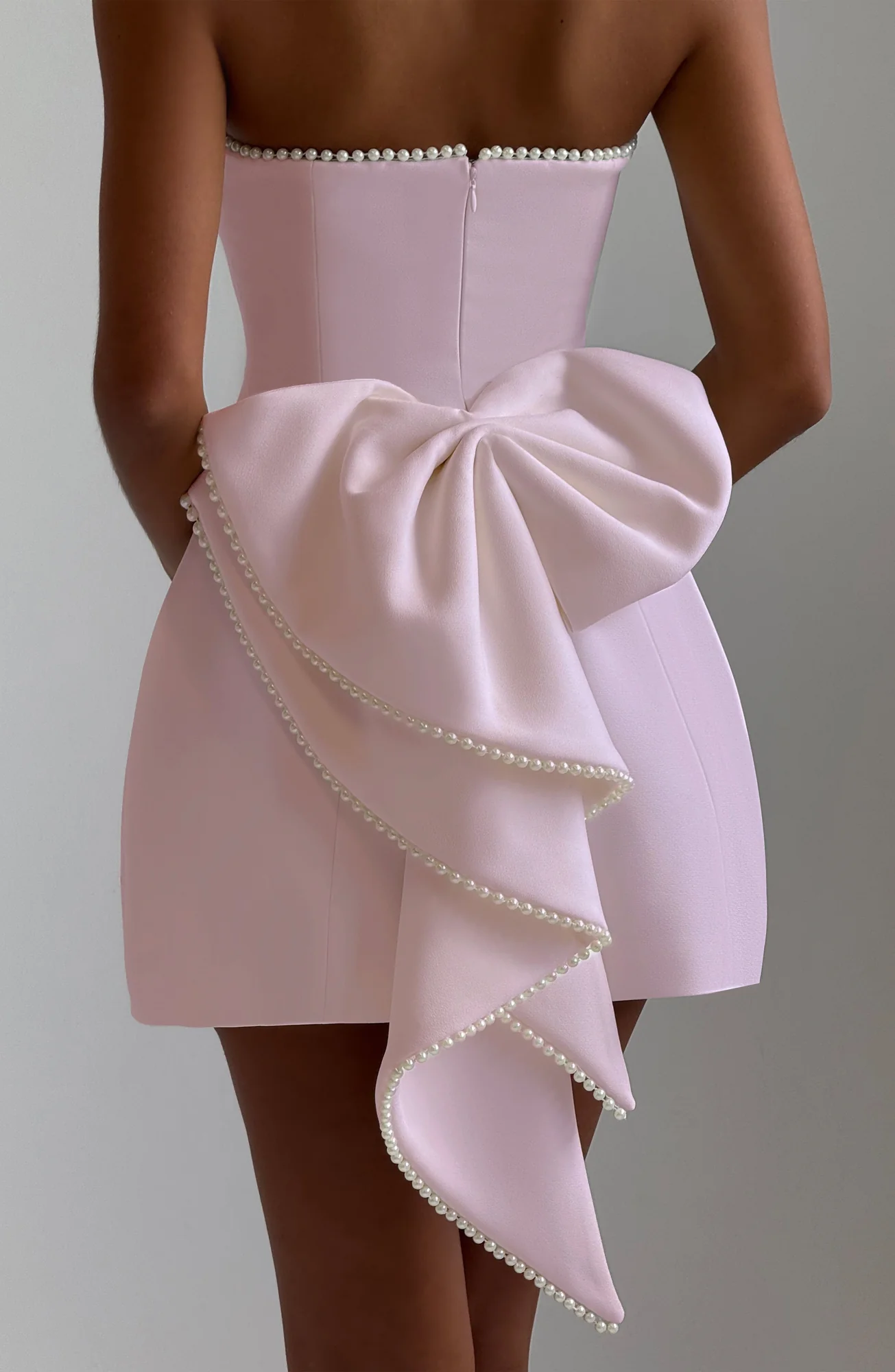Blush Pearl Trim Bubble Mini Dress - Elegant Strapless Silhouette