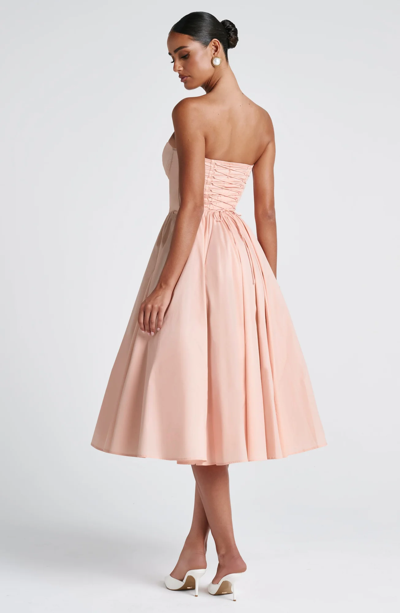 Soft Peach Strapless Midi Dress with Corset Bodice