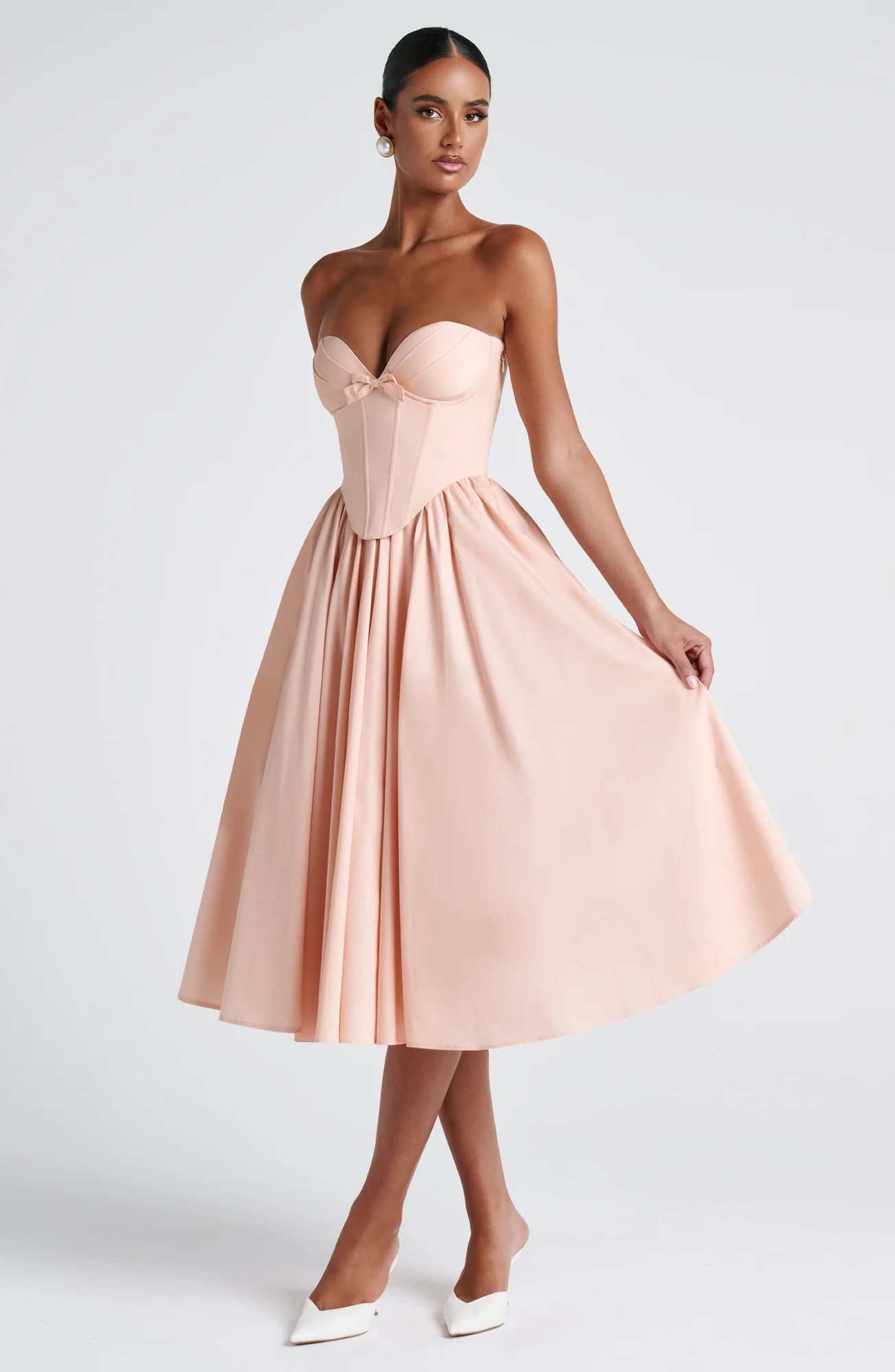 Soft Peach Strapless Midi Dress with Corset Bodice