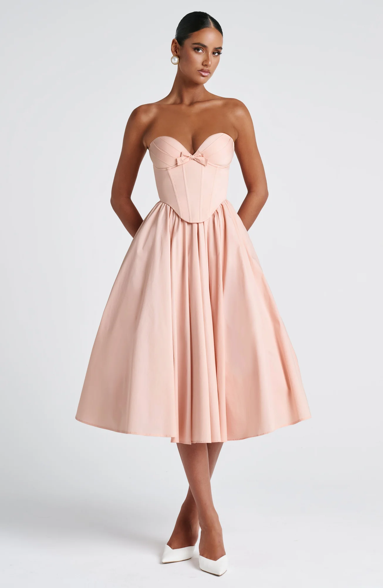Soft Peach Strapless Midi Dress with Corset Bodice
