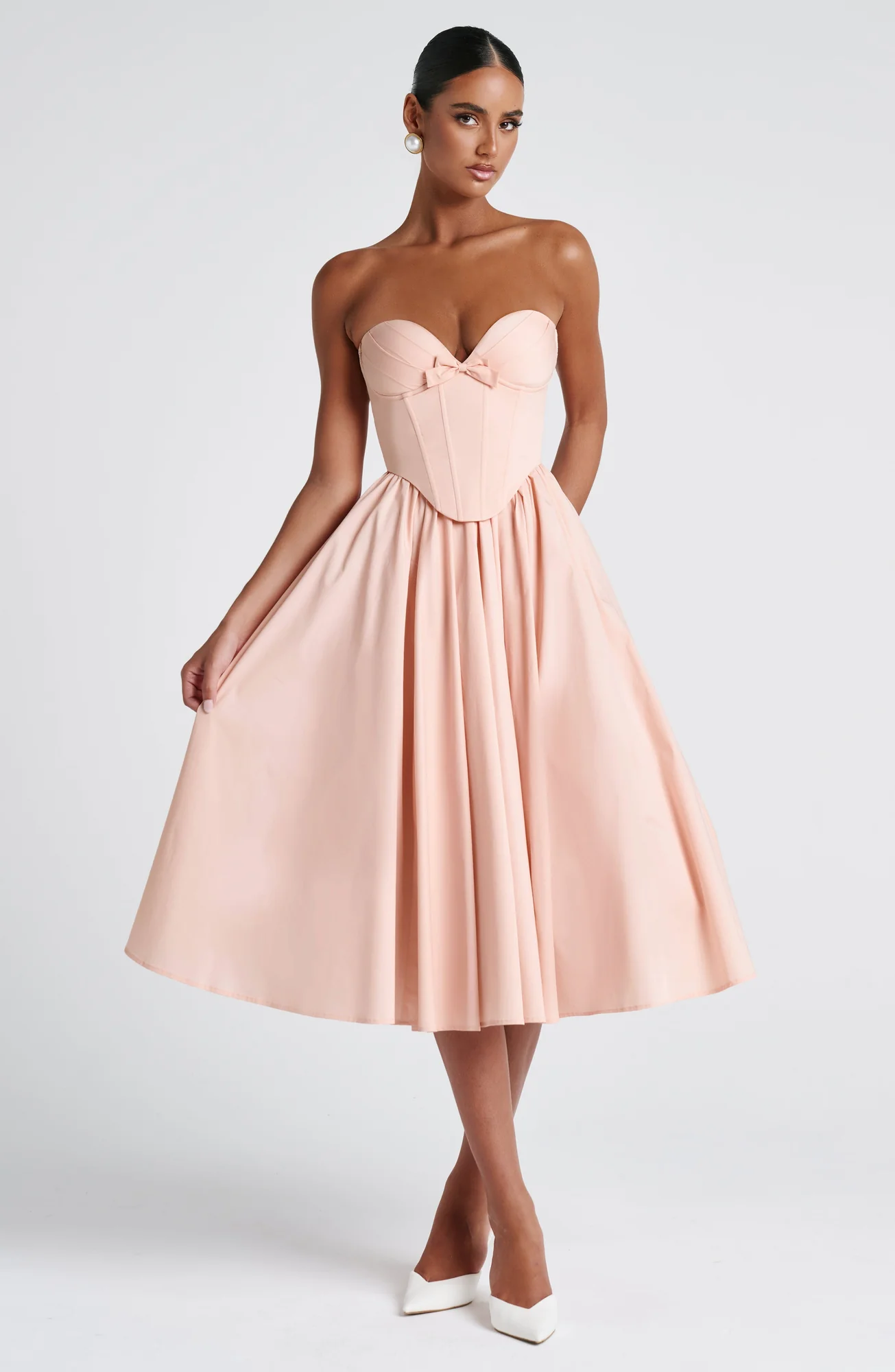Soft Peach Strapless Midi Dress with Corset Bodice