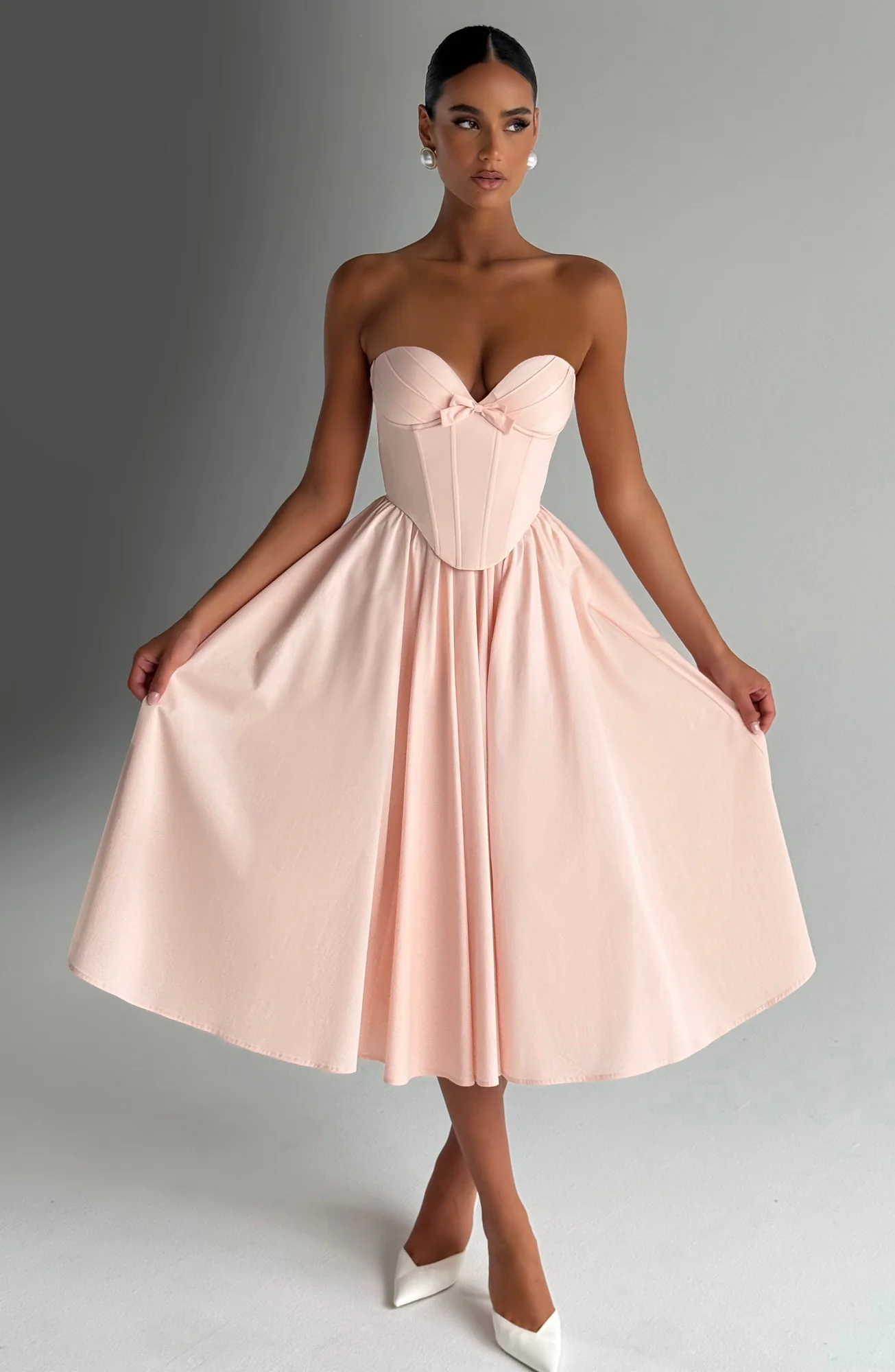 Soft Peach Strapless Midi Dress with Corset Bodice