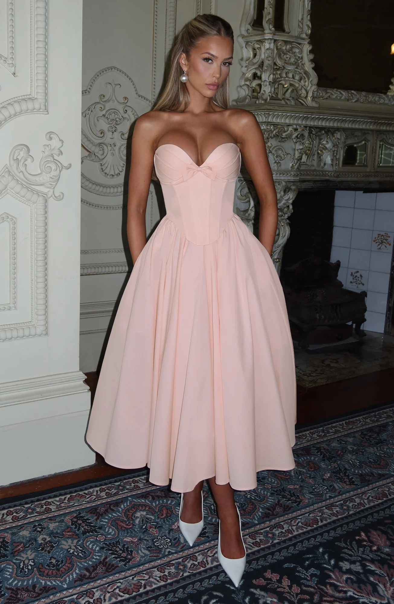 Soft Peach Strapless Midi Dress with Corset Bodice