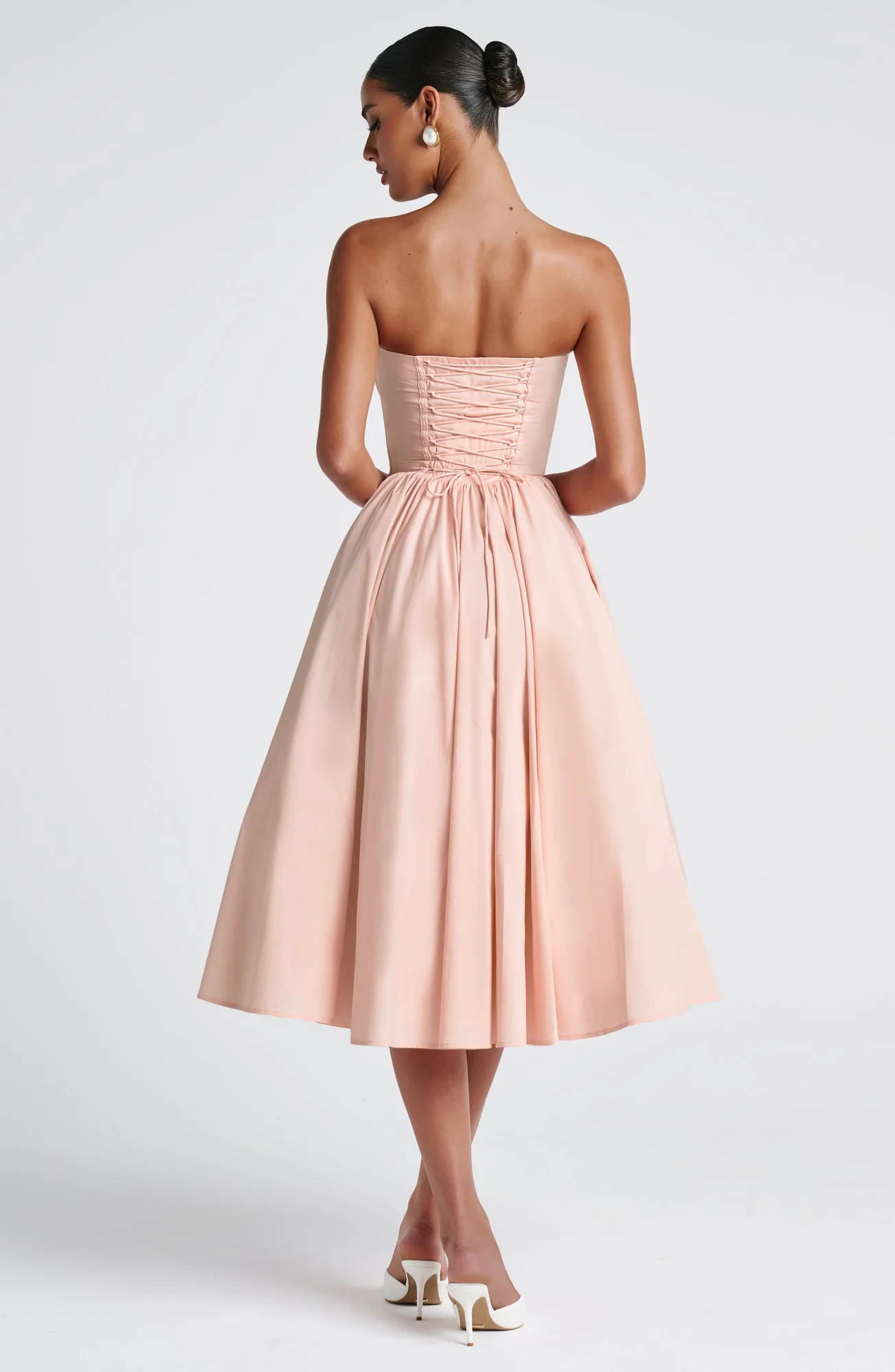 Soft Peach Strapless Midi Dress with Corset Bodice