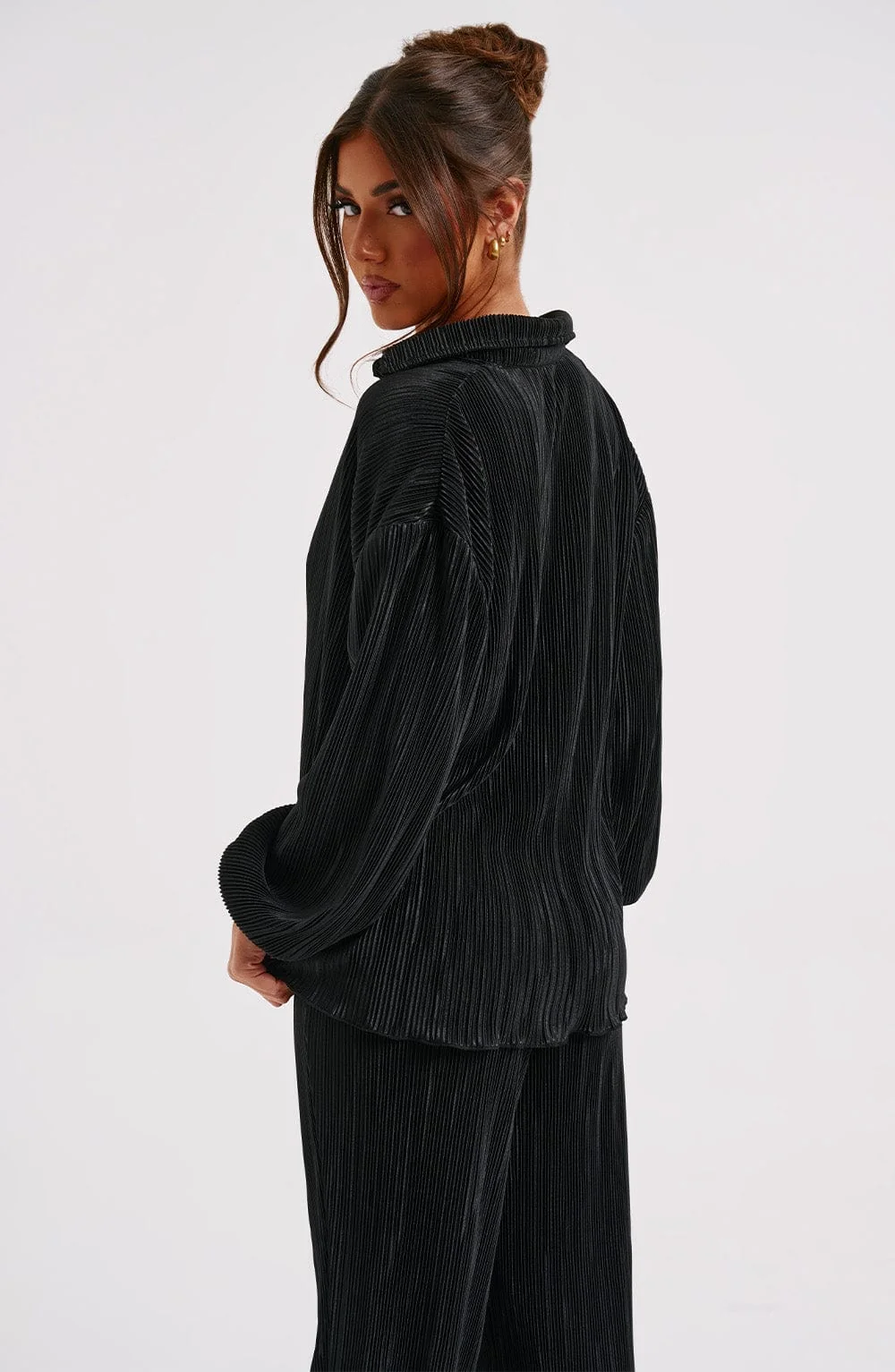 Black Plisse Top with Buttons and Collar | Lightweight & Stylish