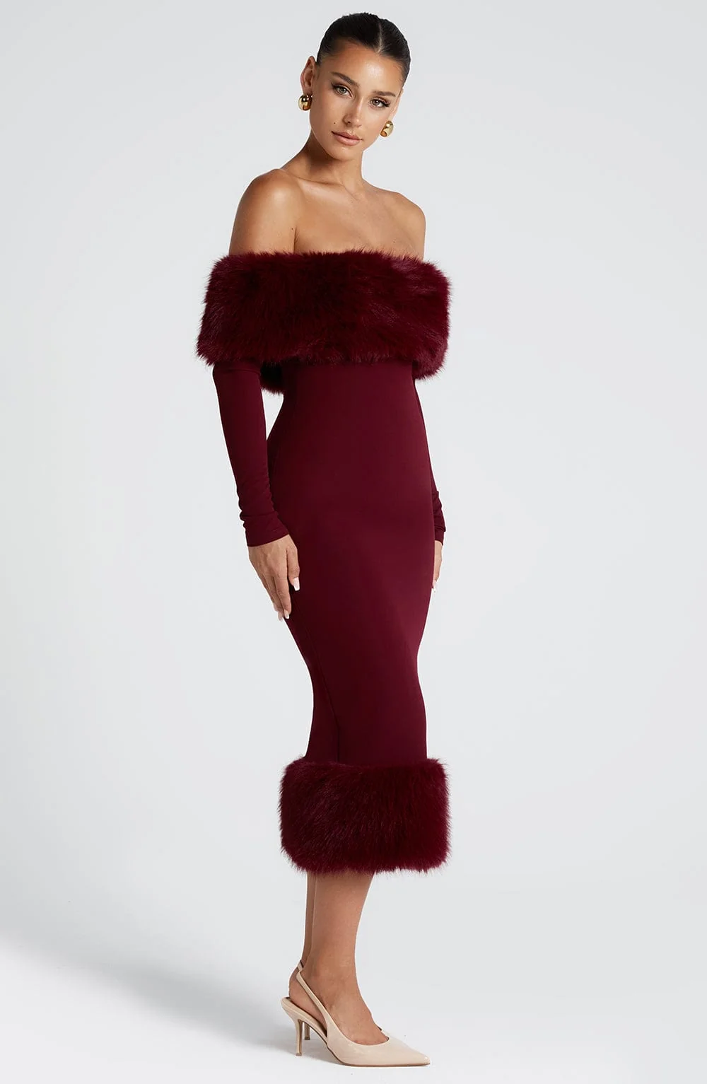 Bardot Neckline Wine Midi Dress - Luxurious Faux Fur Trim