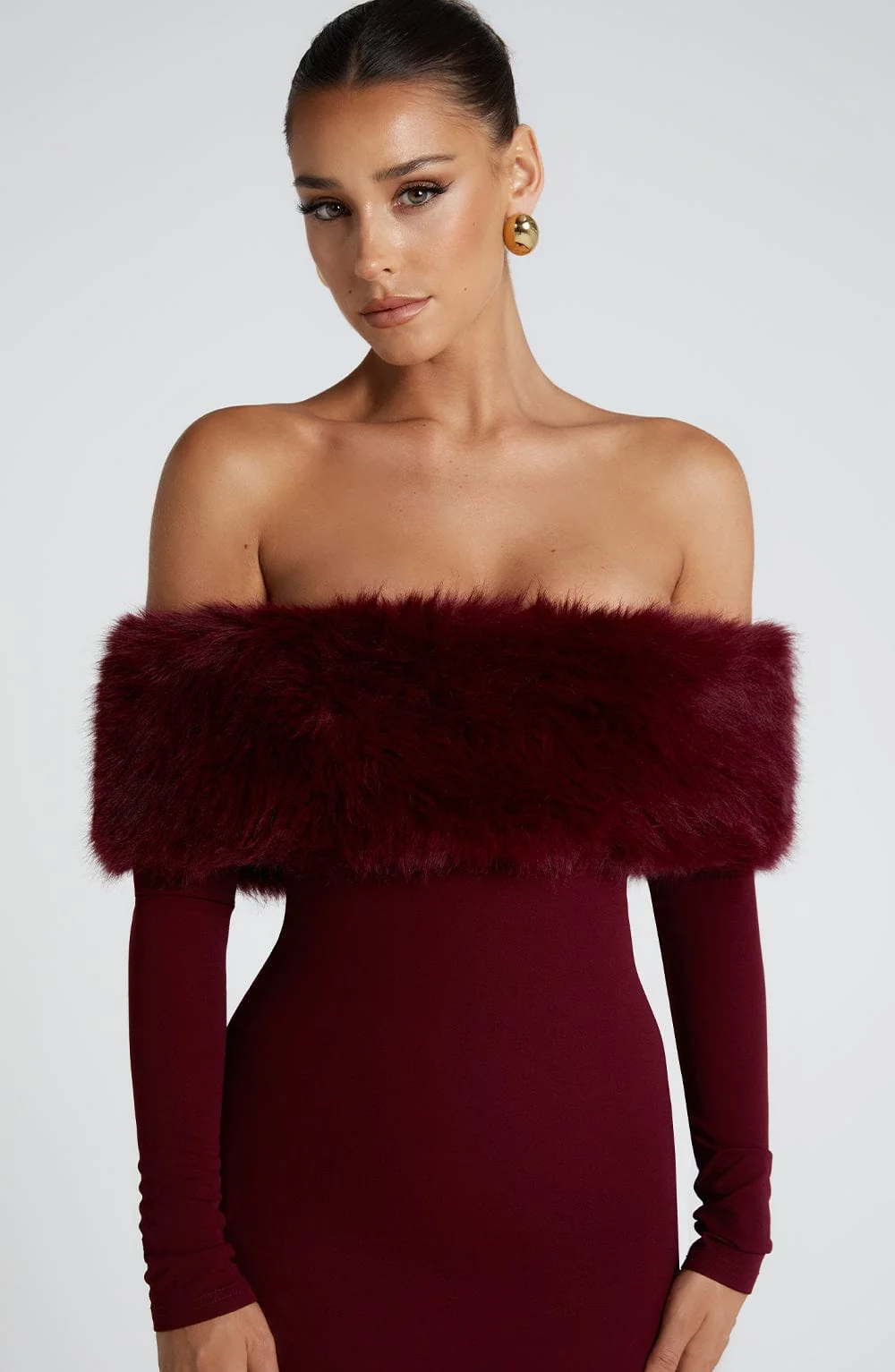 Bardot Neckline Wine Midi Dress - Luxurious Faux Fur Trim