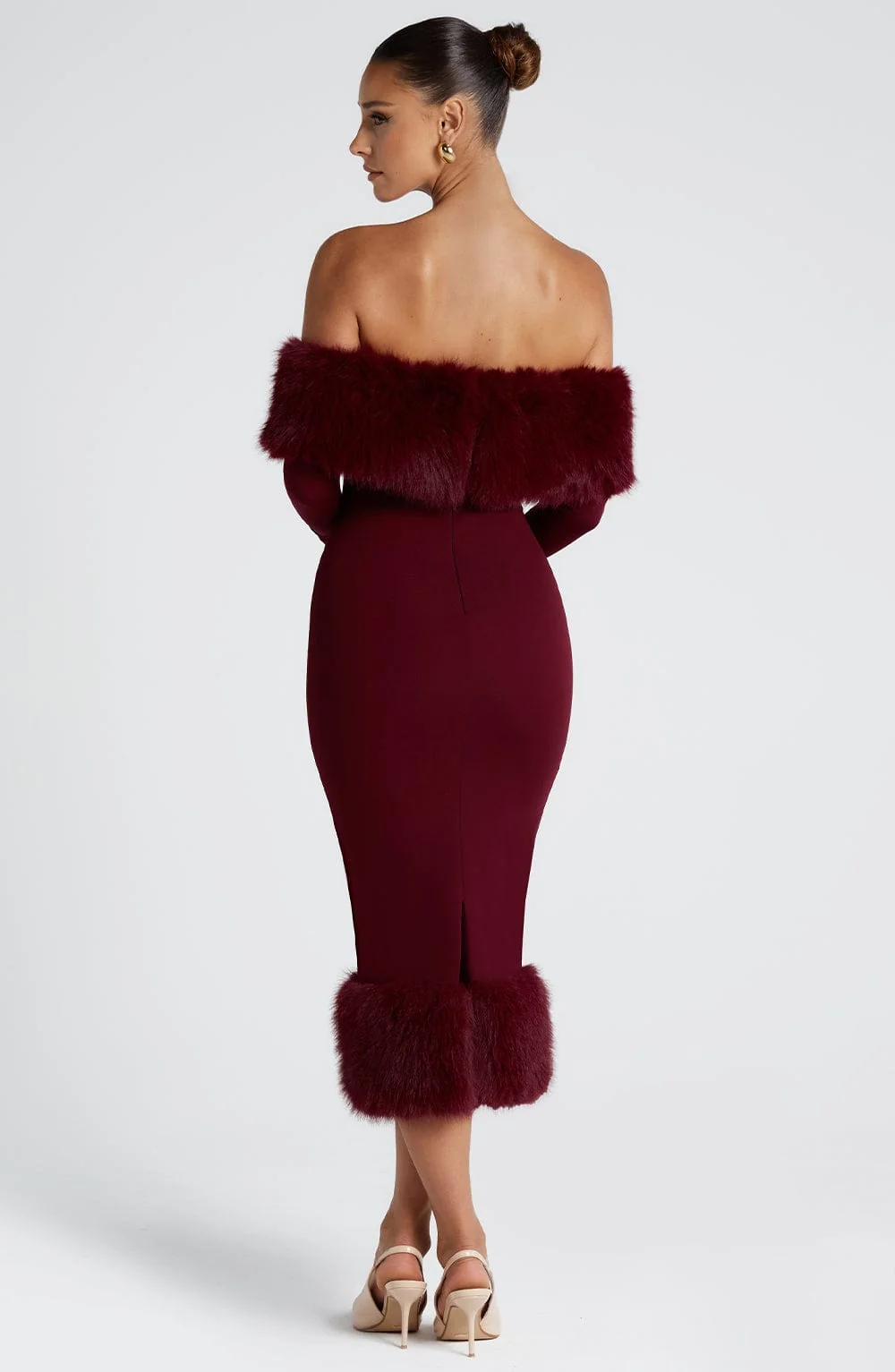 Bardot Neckline Wine Midi Dress - Luxurious Faux Fur Trim