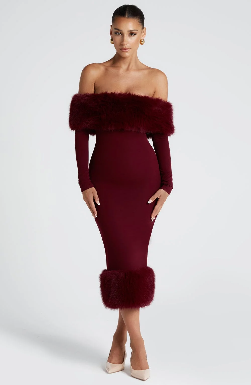 Bardot Neckline Wine Midi Dress - Luxurious Faux Fur Trim