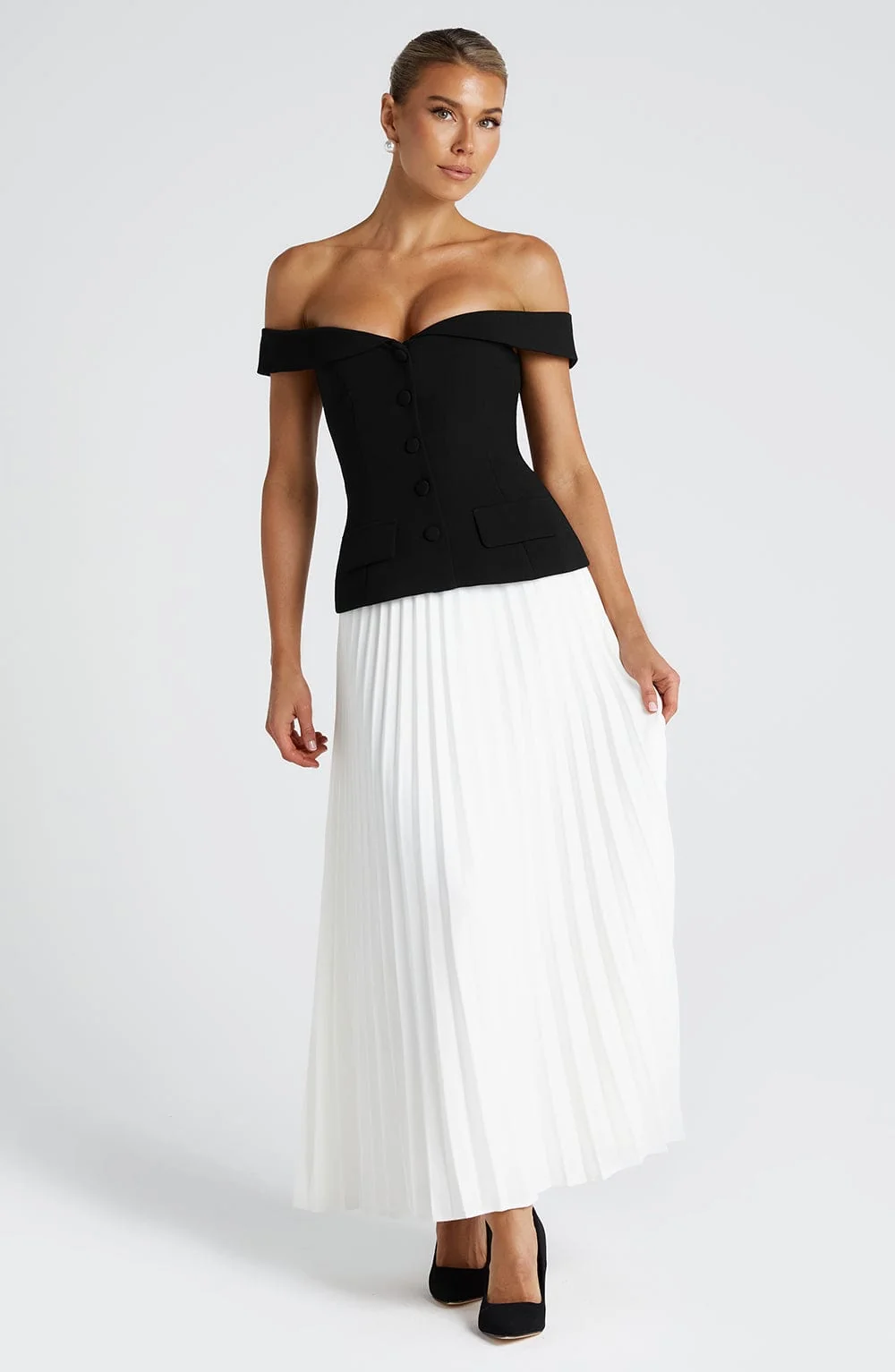 Ivory Crepe Pleated Maxi Skirt - Elegant Mid-Rise Style