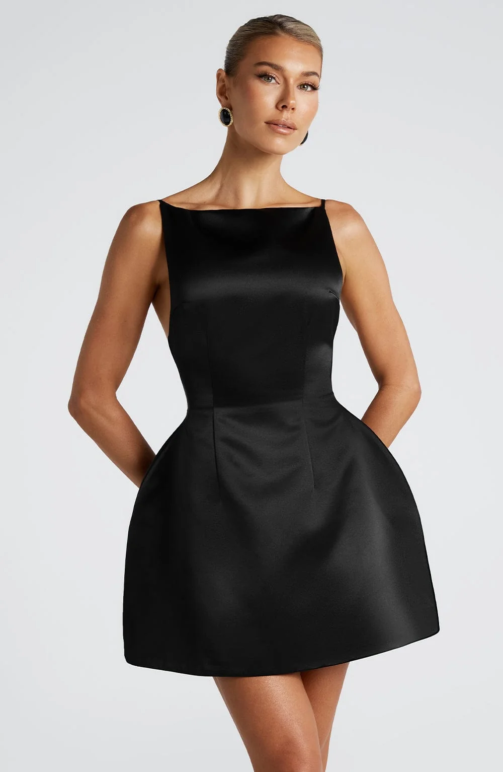 Black Satin Bubble Hem Mini Dress