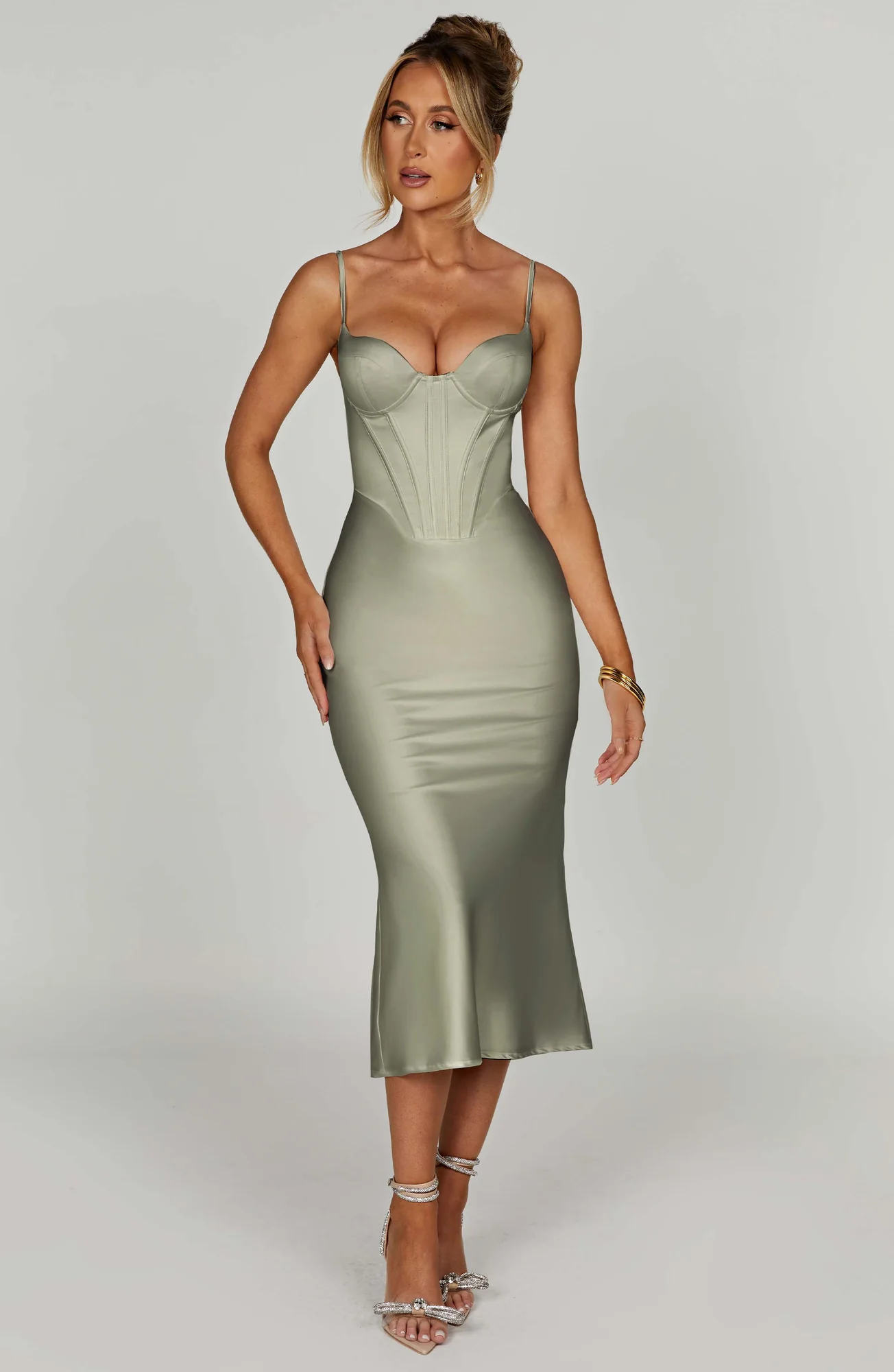 Sage Bias Cut Satin Corset Midi Dress