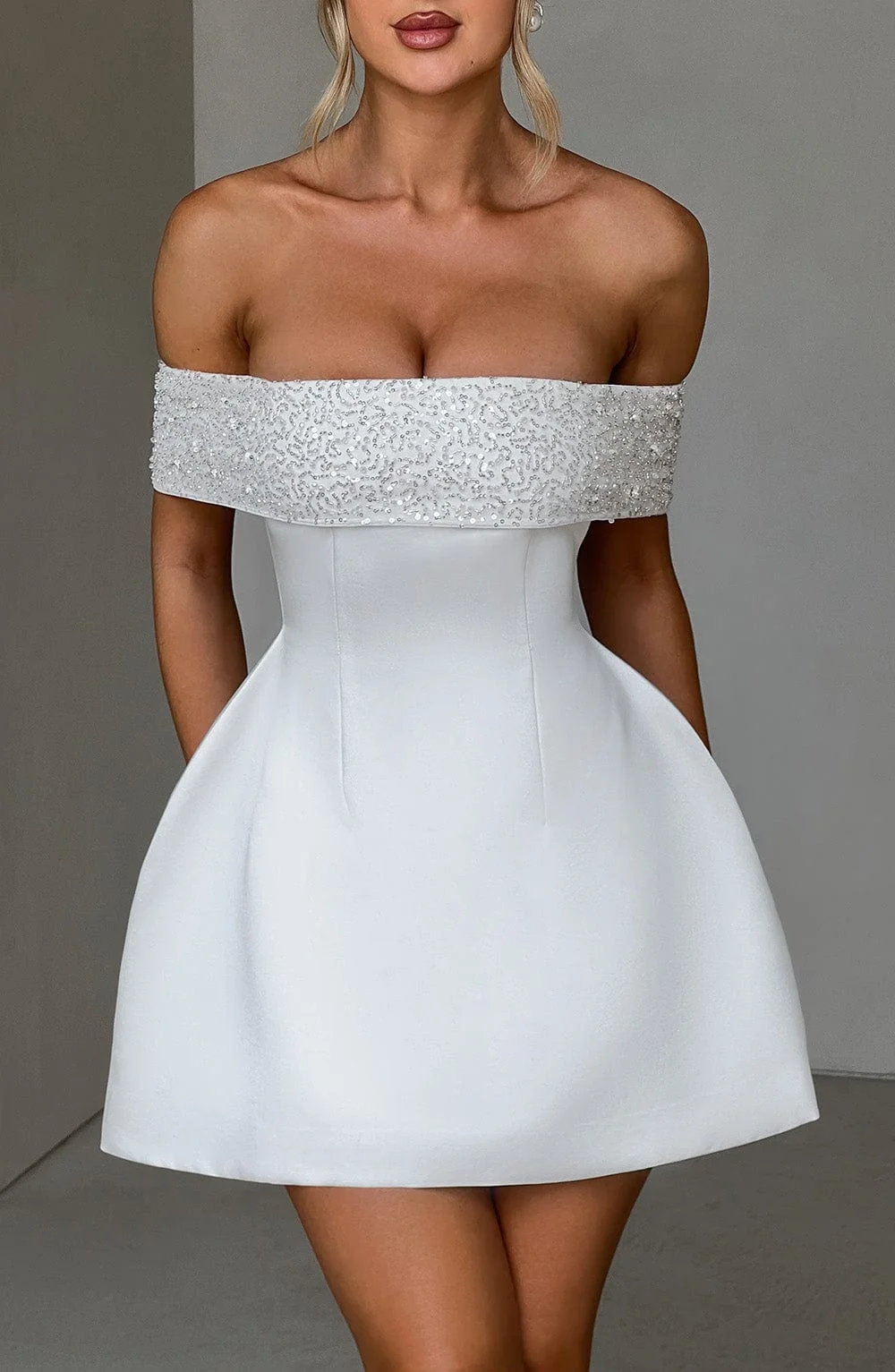 Ivory Satin Off-Shoulder Mini Dress