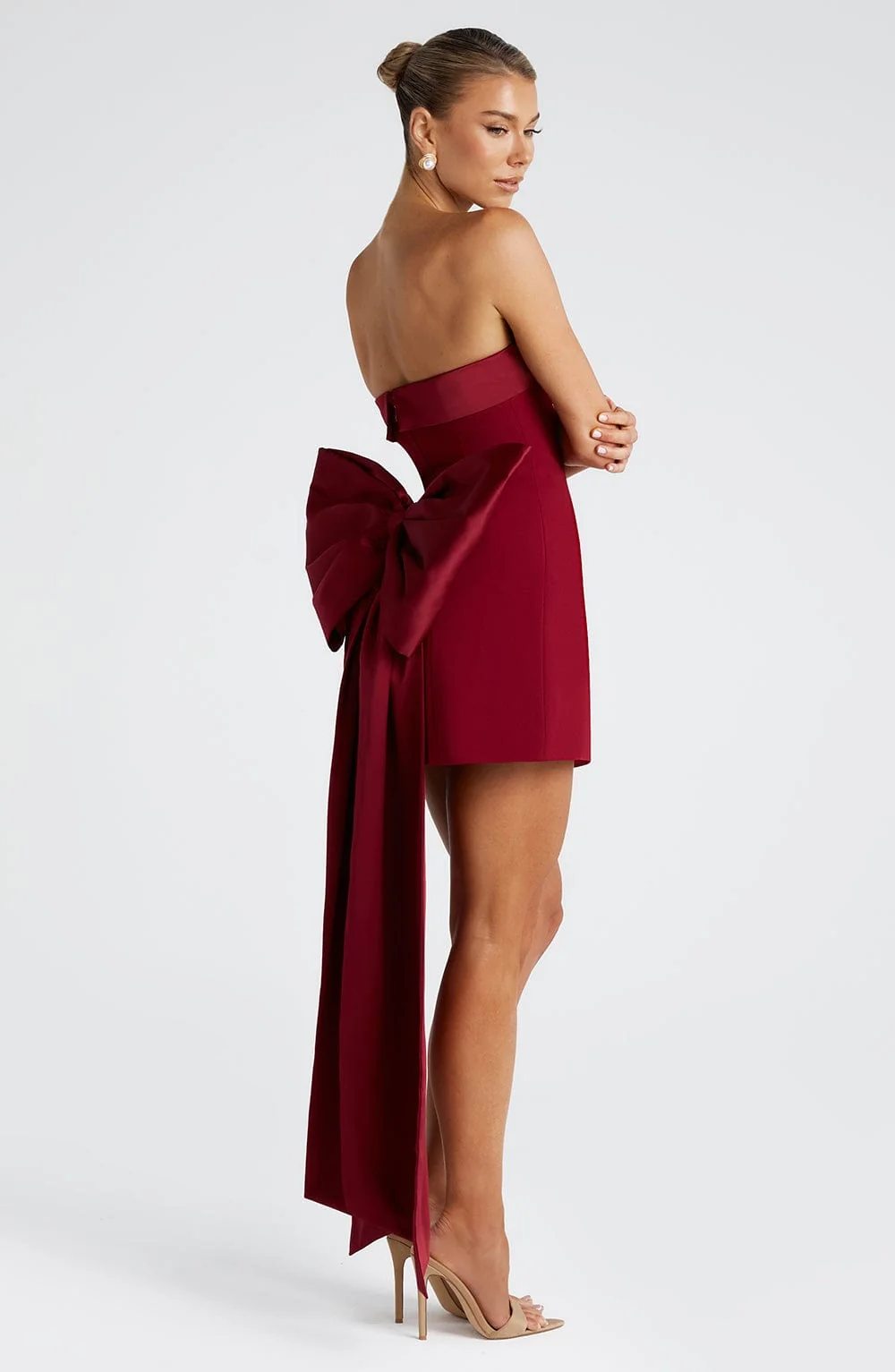 Wine Strapless A-Line Mini Dress with Satin Bow Detail